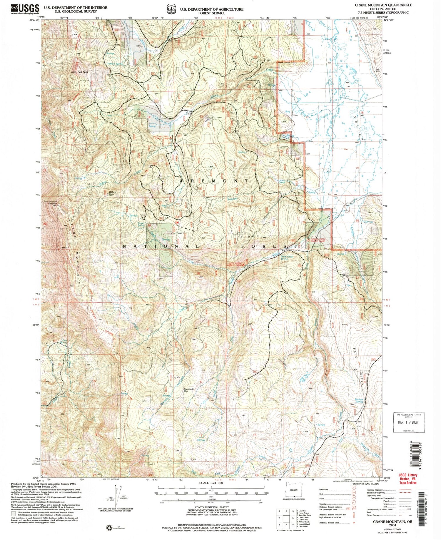Classic USGS Crane Mountain Oregon 7.5'x7.5' Topo Map Image