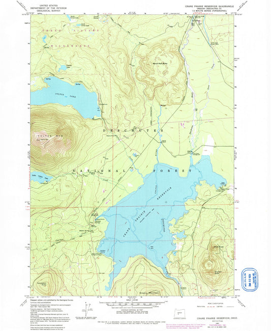 Classic USGS Crane Prairie Reservoir Oregon 7.5'x7.5' Topo Map Image