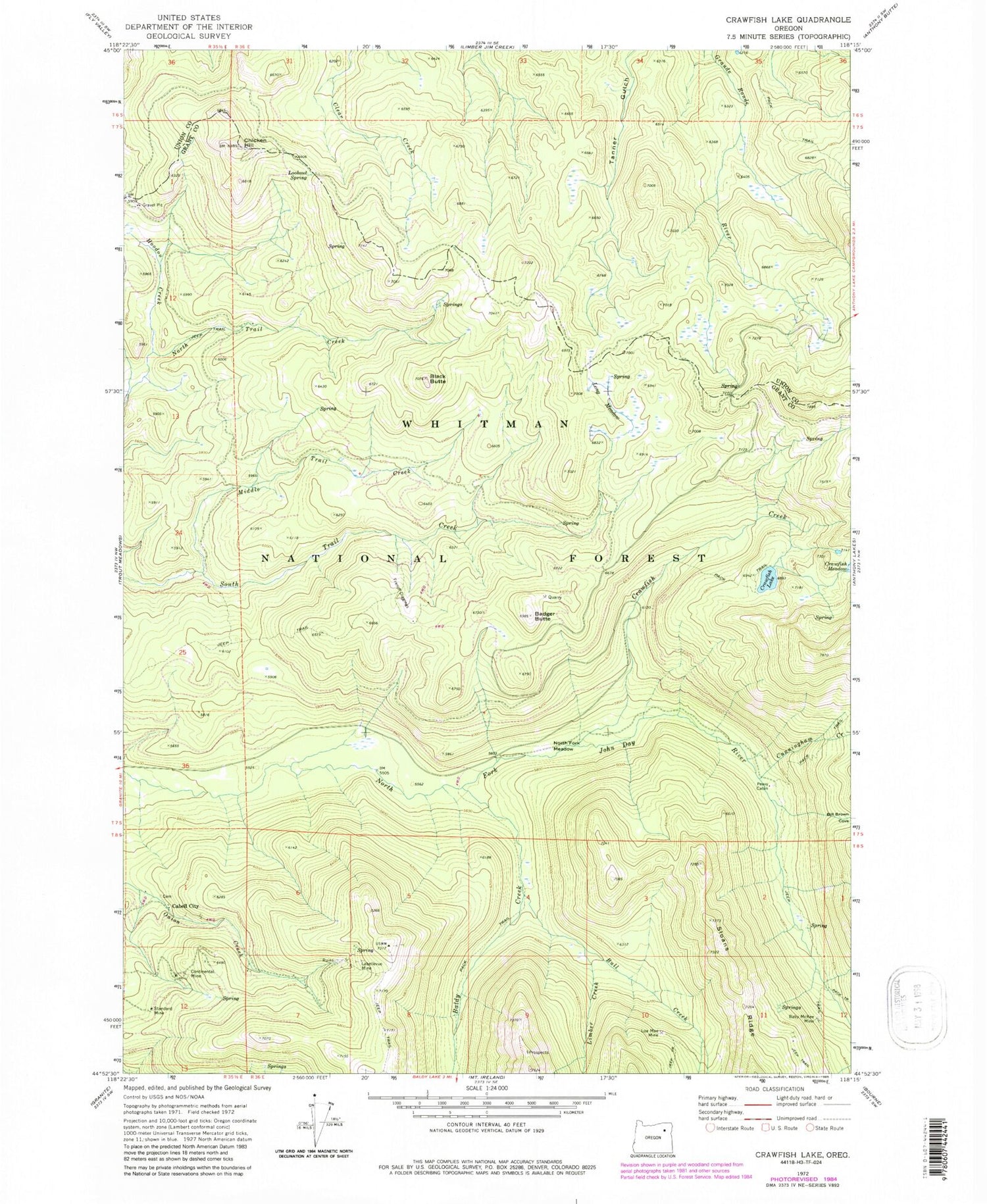 Classic USGS Crawfish Lake Oregon 7.5'x7.5' Topo Map Image