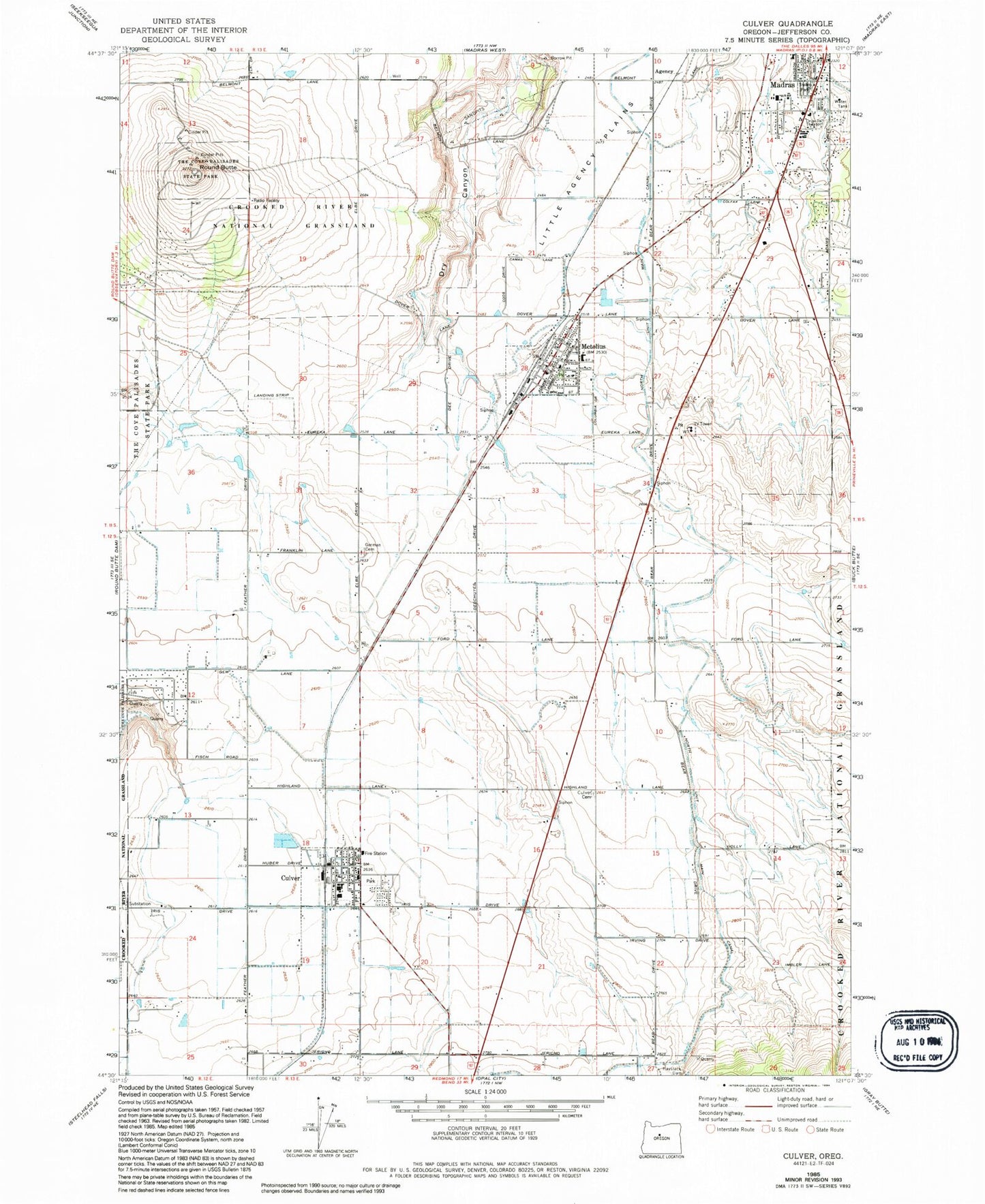 Classic USGS Culver Oregon 7.5'x7.5' Topo Map Image