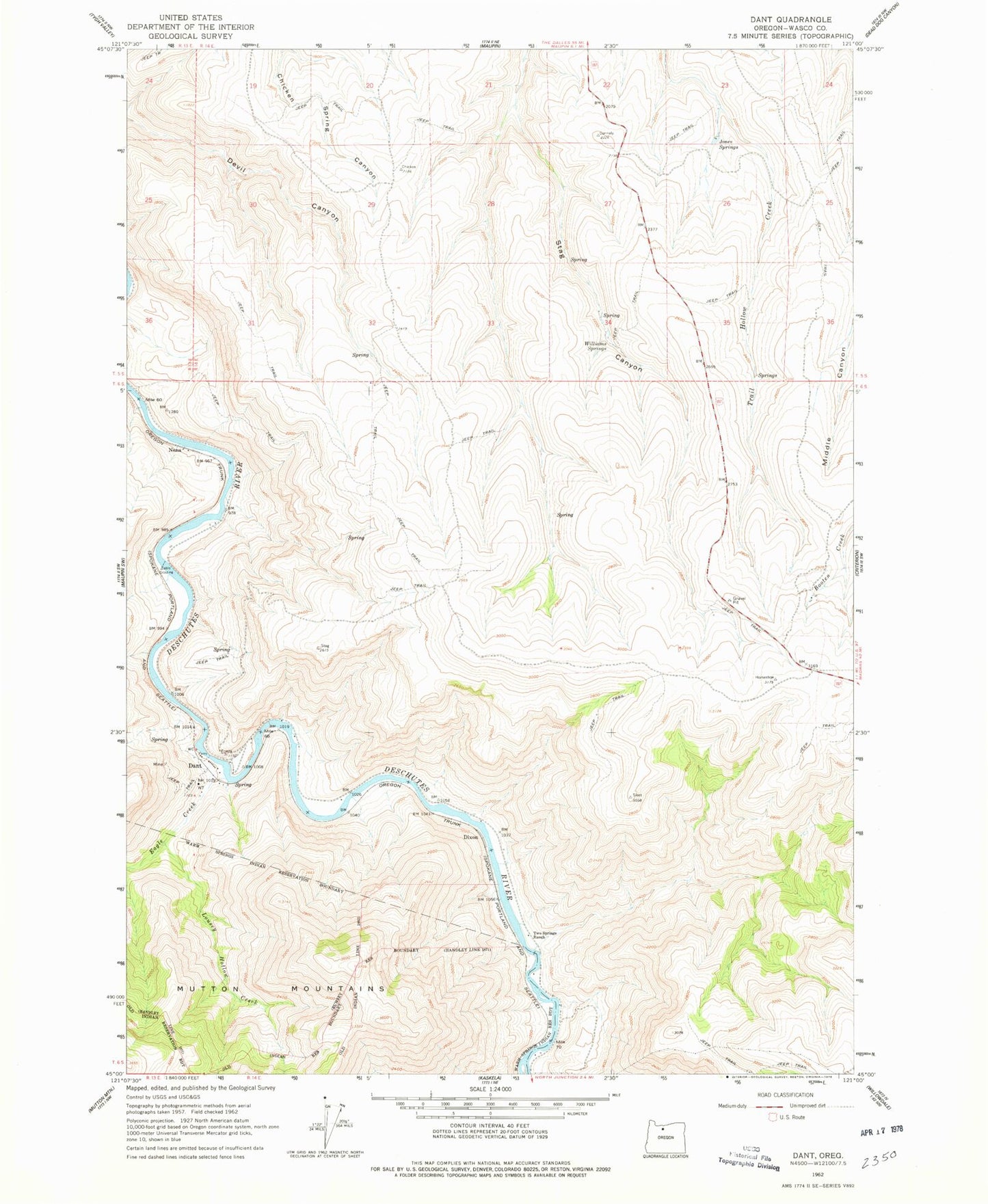 Classic USGS Dant Oregon 7.5'x7.5' Topo Map Image