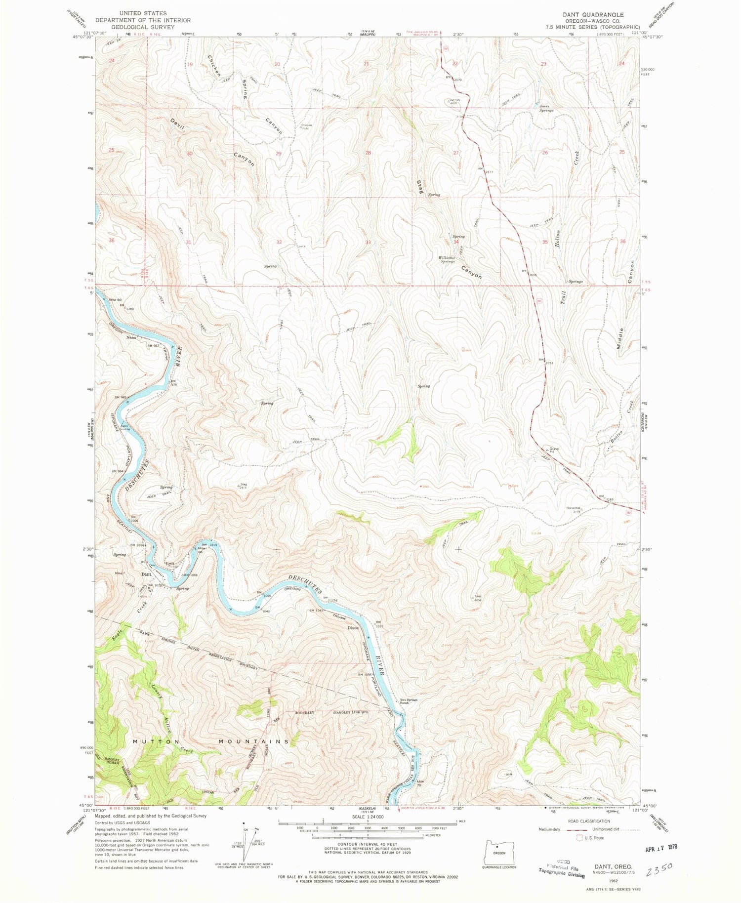 Classic USGS Dant Oregon 7.5'x7.5' Topo Map Image
