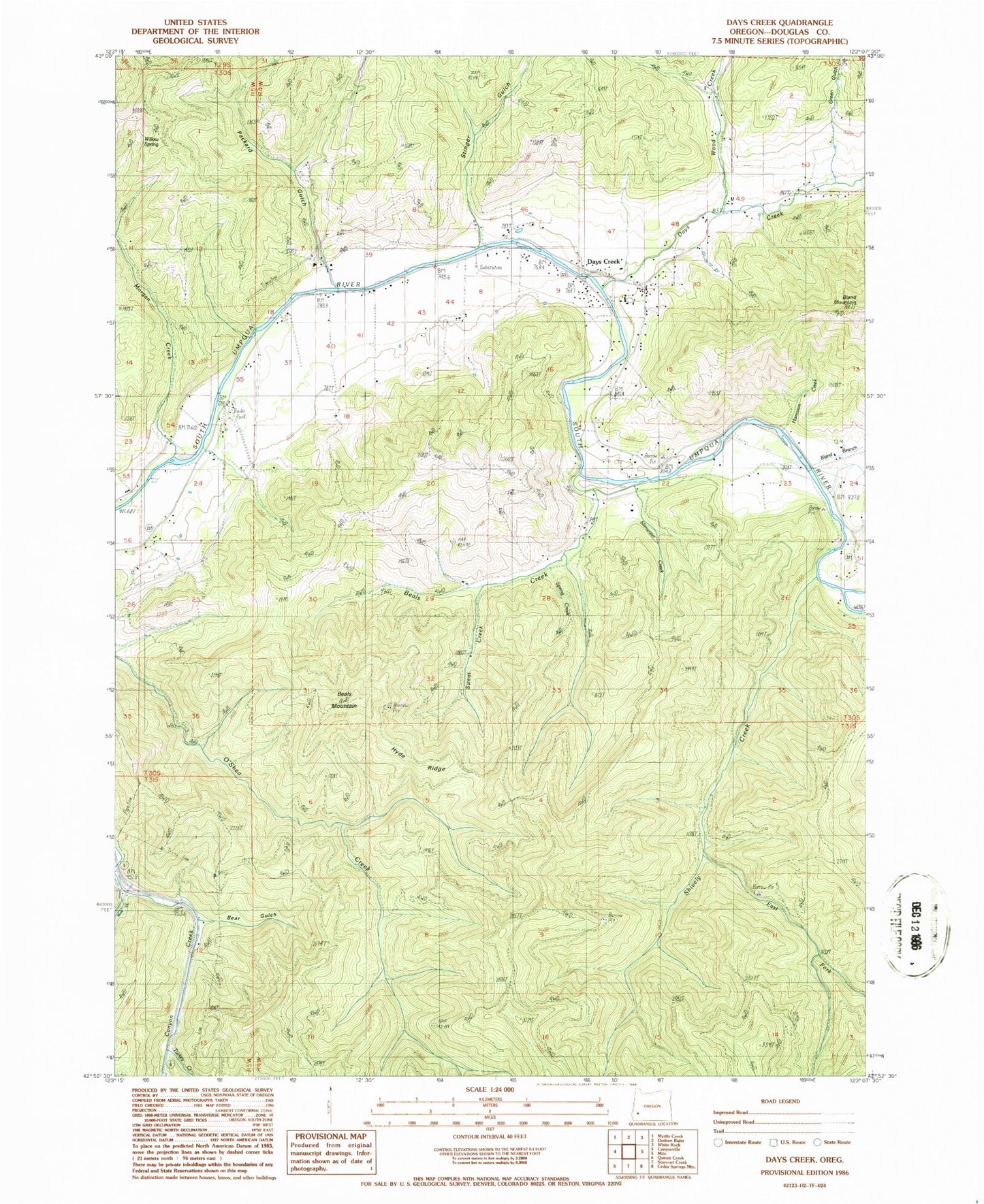 Classic USGS Days Creek Oregon 7.5'x7.5' Topo Map Image