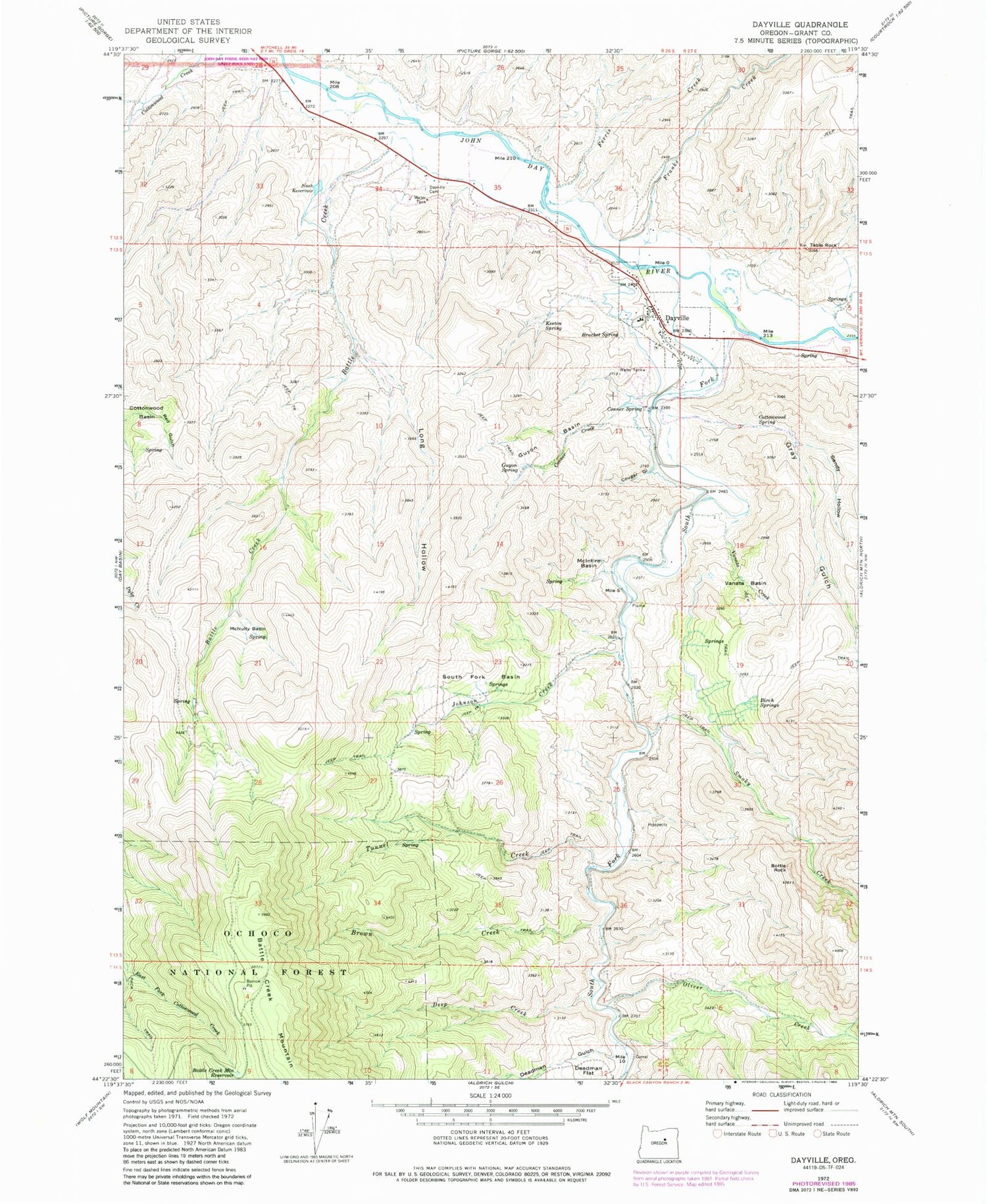 Classic USGS Dayville Oregon 7.5'x7.5' Topo Map Image