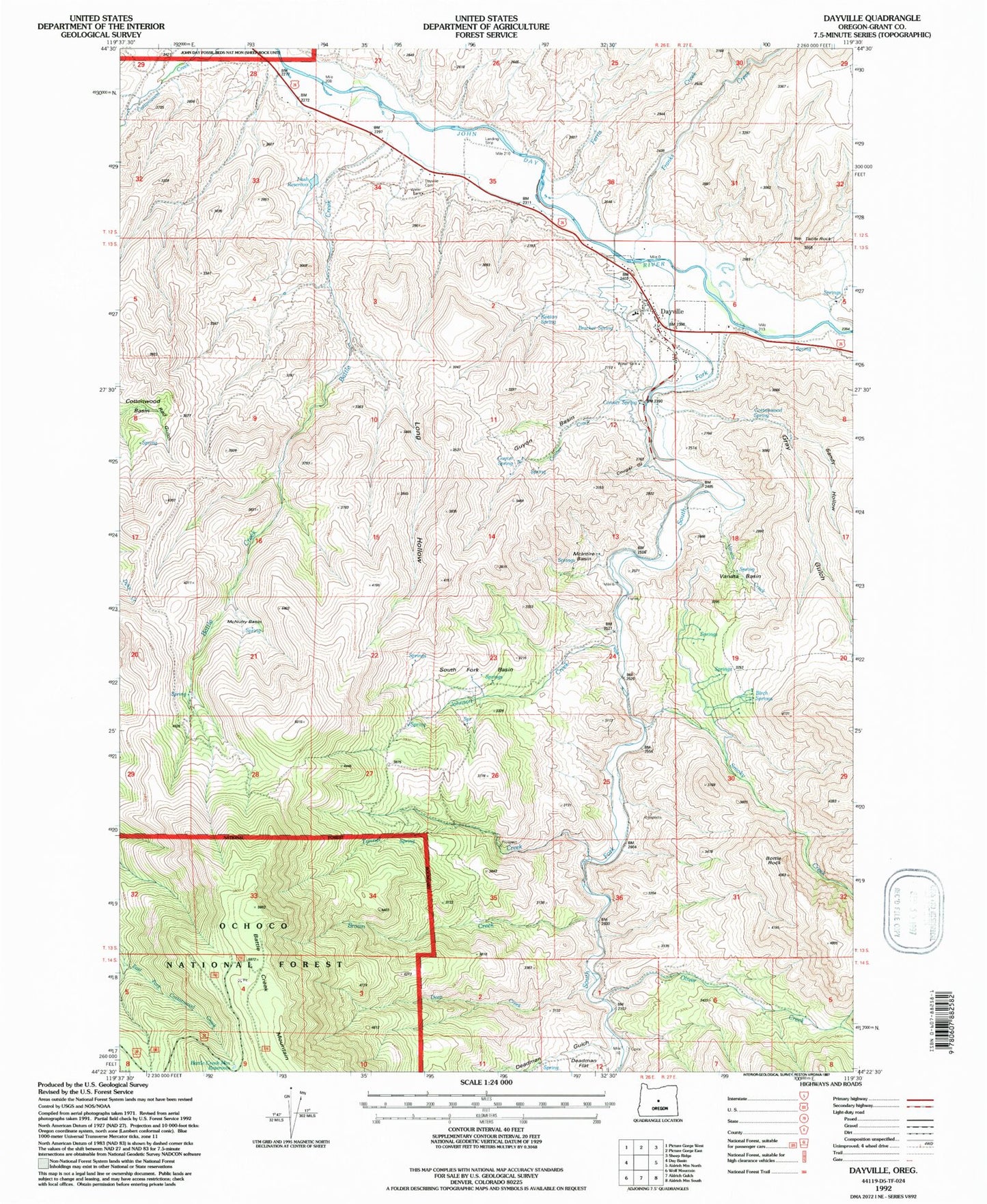 Classic USGS Dayville Oregon 7.5'x7.5' Topo Map Image