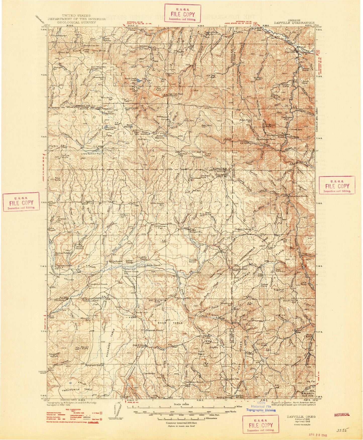 Historic 1936 Dayville Oregon 30'x30' Topo Map Image