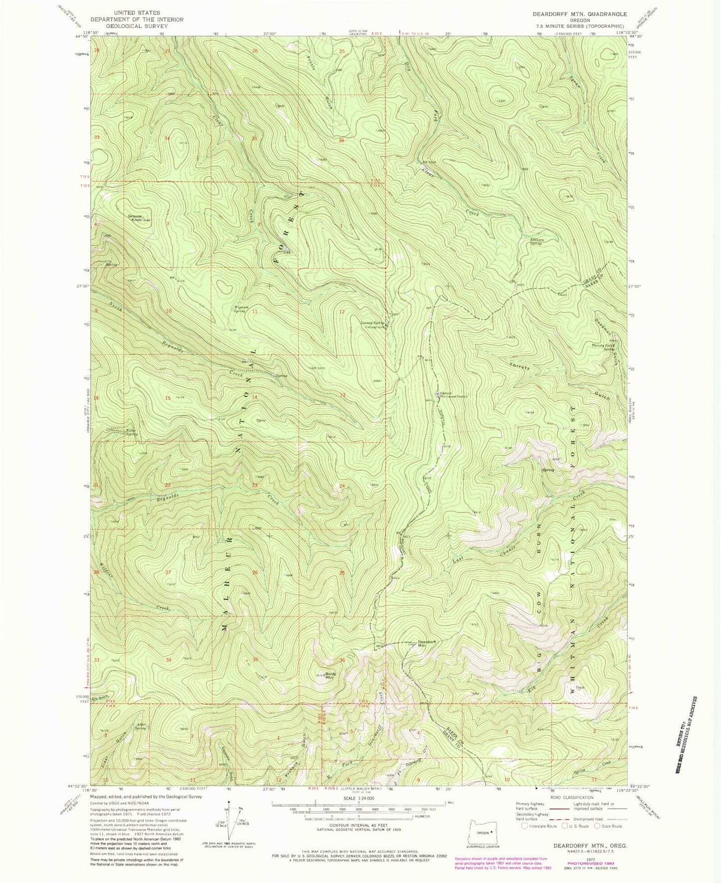 Classic USGS Deardorff Mountain Oregon 7.5'x7.5' Topo Map Image