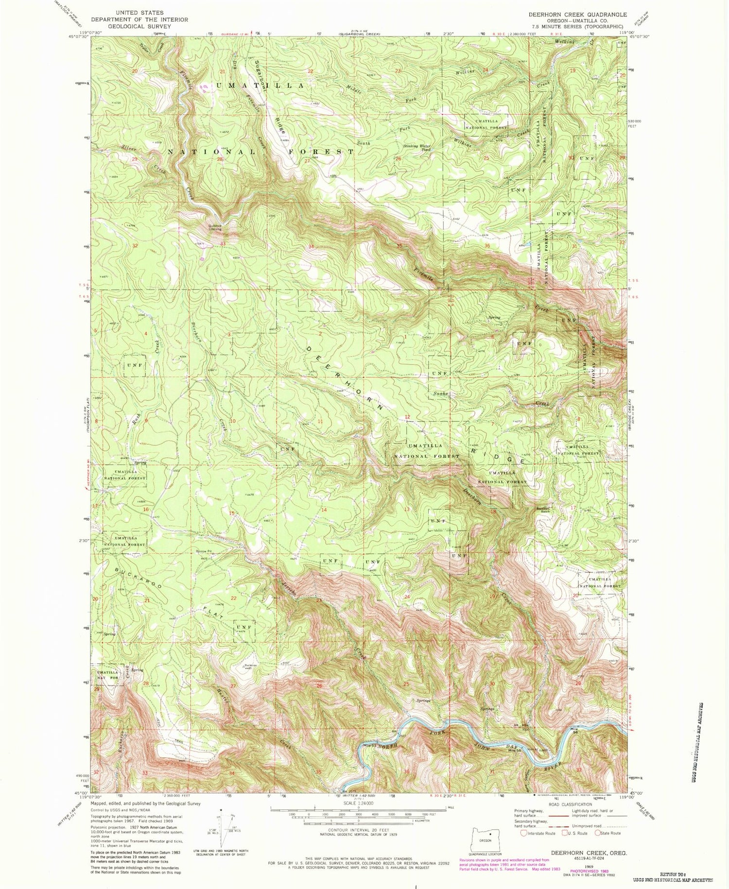 Classic USGS Deerhorn Creek Oregon 7.5'x7.5' Topo Map Image