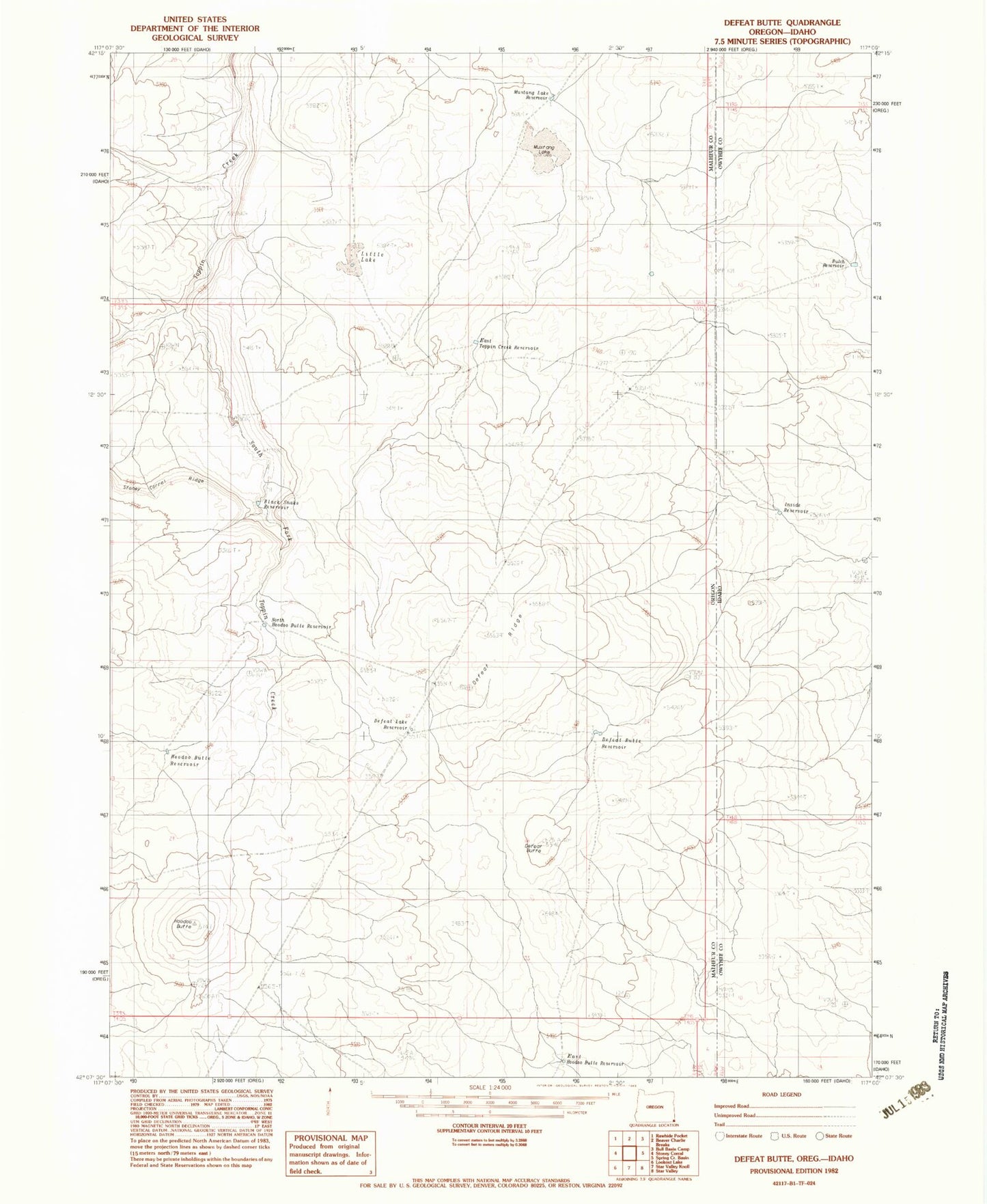 Classic USGS Defeat Butte Oregon 7.5'x7.5' Topo Map Image
