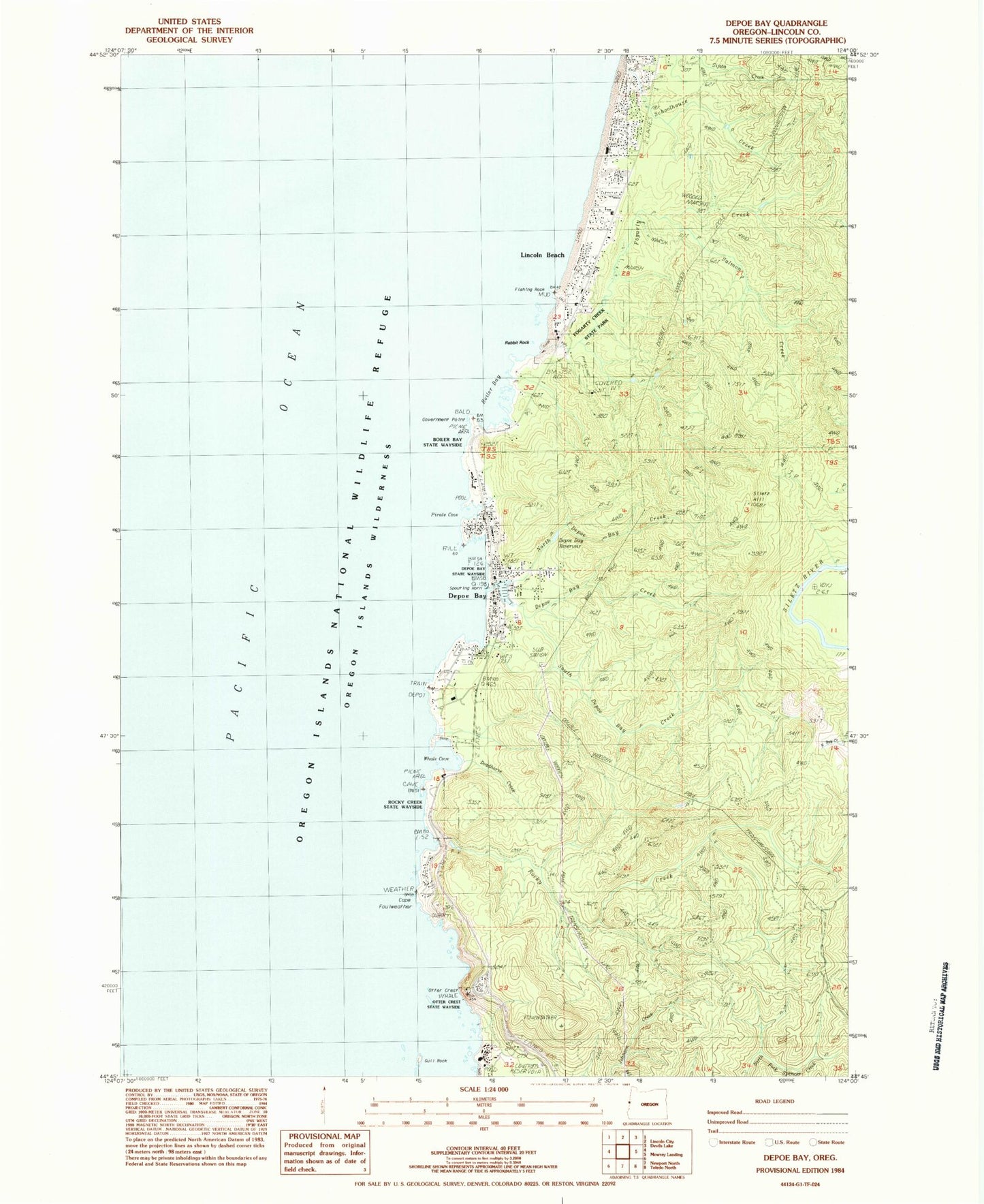 Classic USGS Depoe Bay Oregon 7.5'x7.5' Topo Map Image