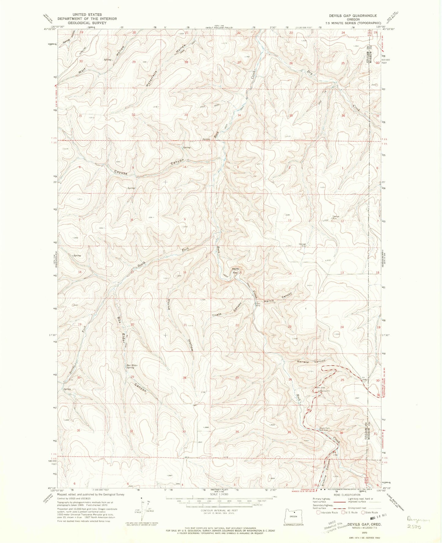 Classic USGS Devils Gap Oregon 7.5'x7.5' Topo Map Image
