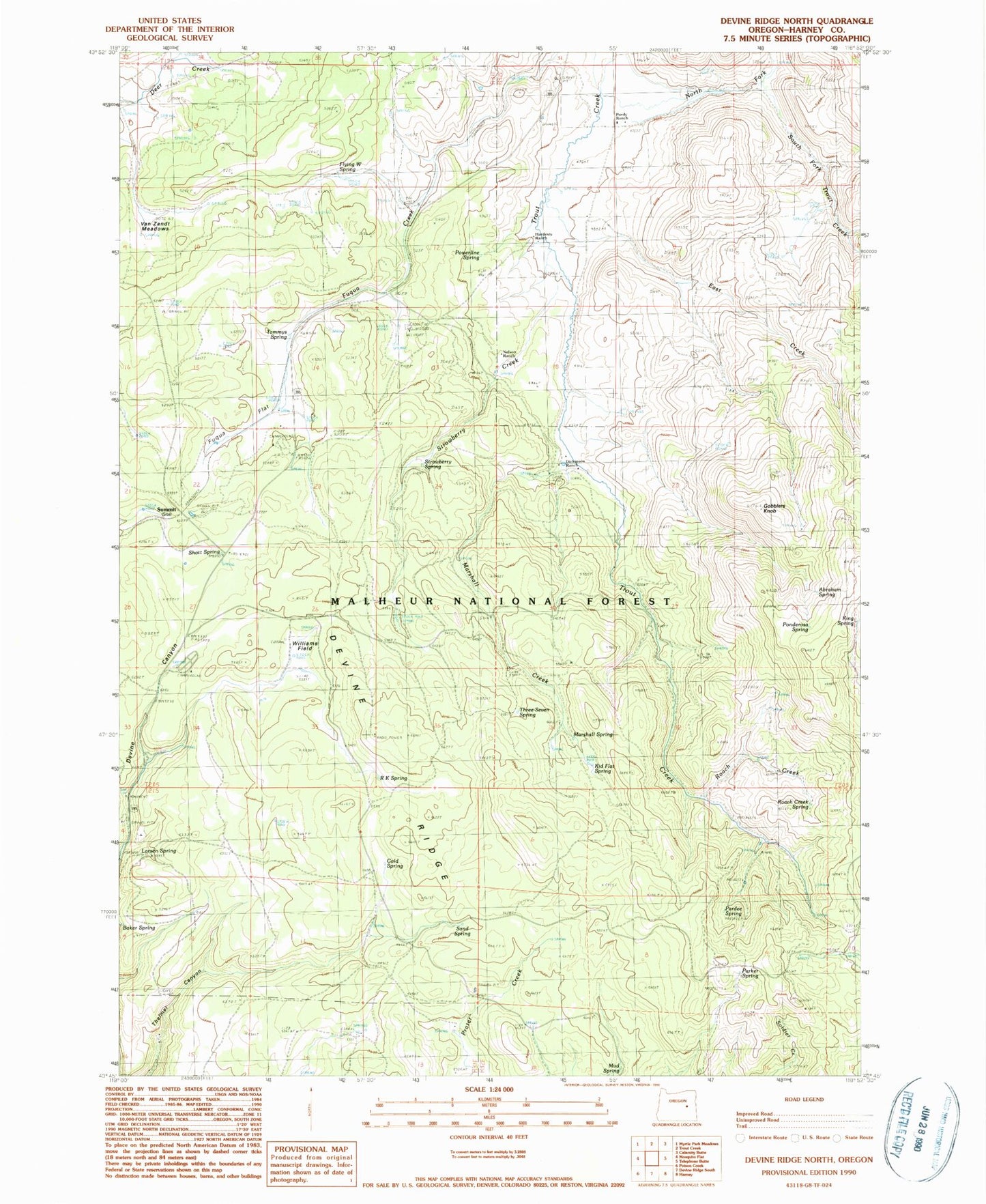Classic USGS Devine Ridge North Oregon 7.5'x7.5' Topo Map Image