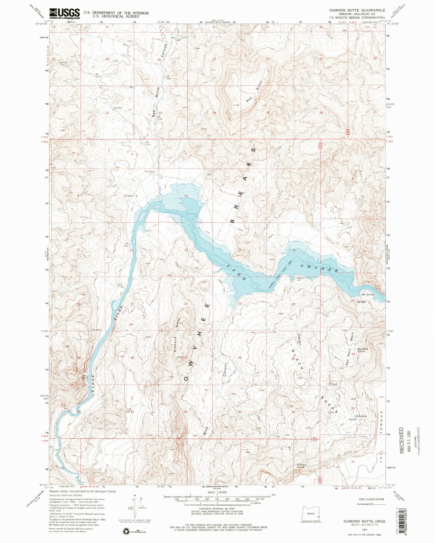 Classic USGS Diamond Butte Oregon 7.5'x7.5' Topo Map Image