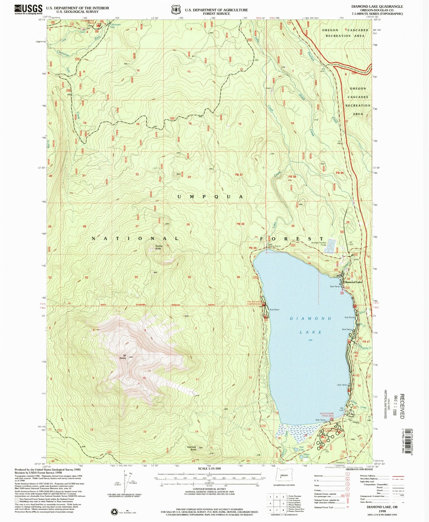 Classic USGS Diamond Lake Oregon 7.5'x7.5' Topo Map Image