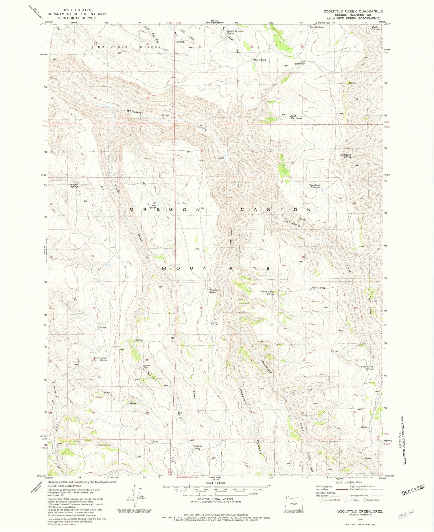 Classic USGS Doolittle Creek Oregon 7.5'x7.5' Topo Map Image
