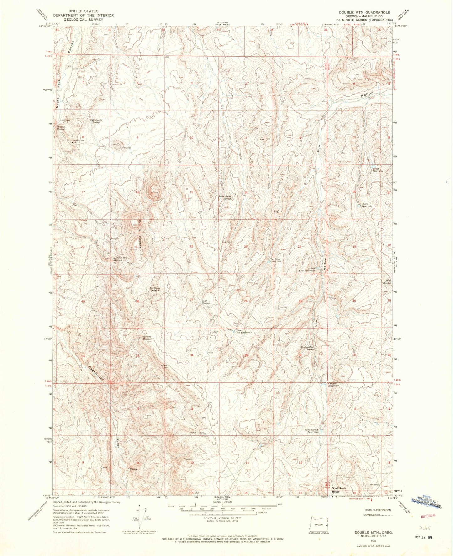 Classic USGS Double Mountain Oregon 7.5'x7.5' Topo Map Image