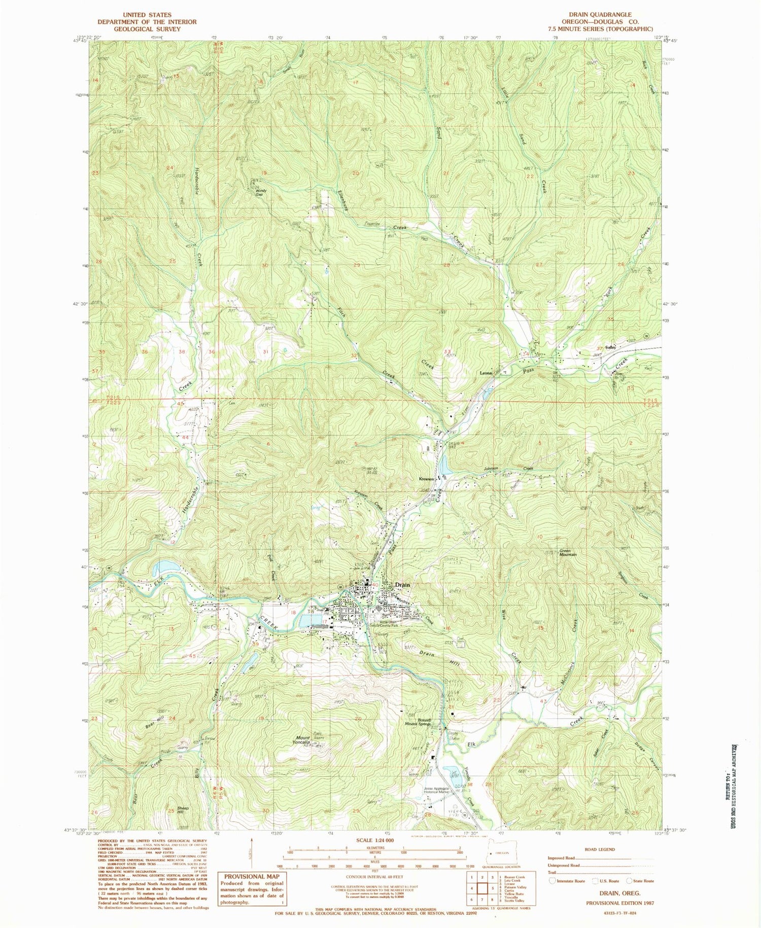 Classic USGS Drain Oregon 7.5'x7.5' Topo Map Image