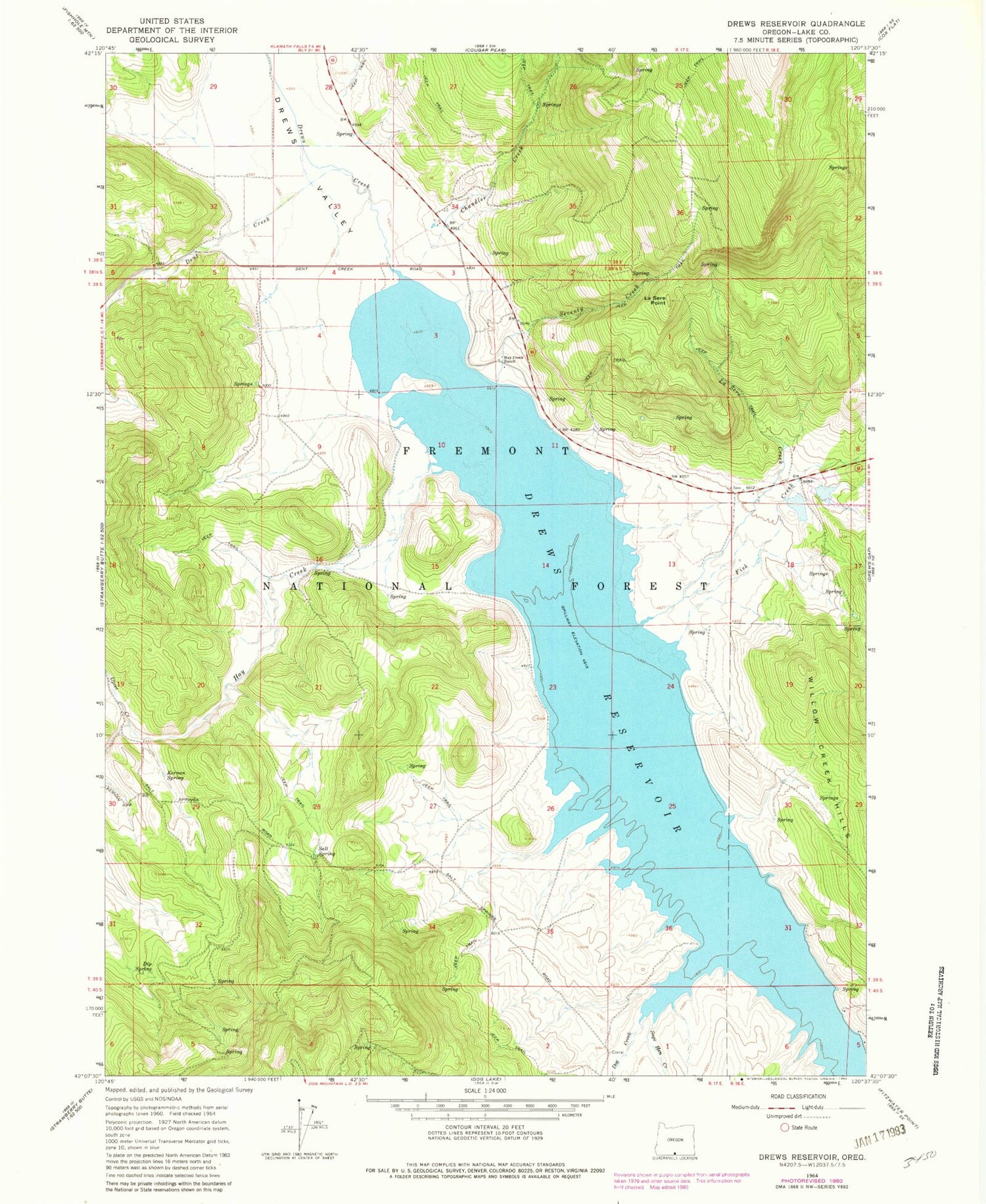 Classic USGS Drews Reservoir Oregon 7.5'x7.5' Topo Map Image