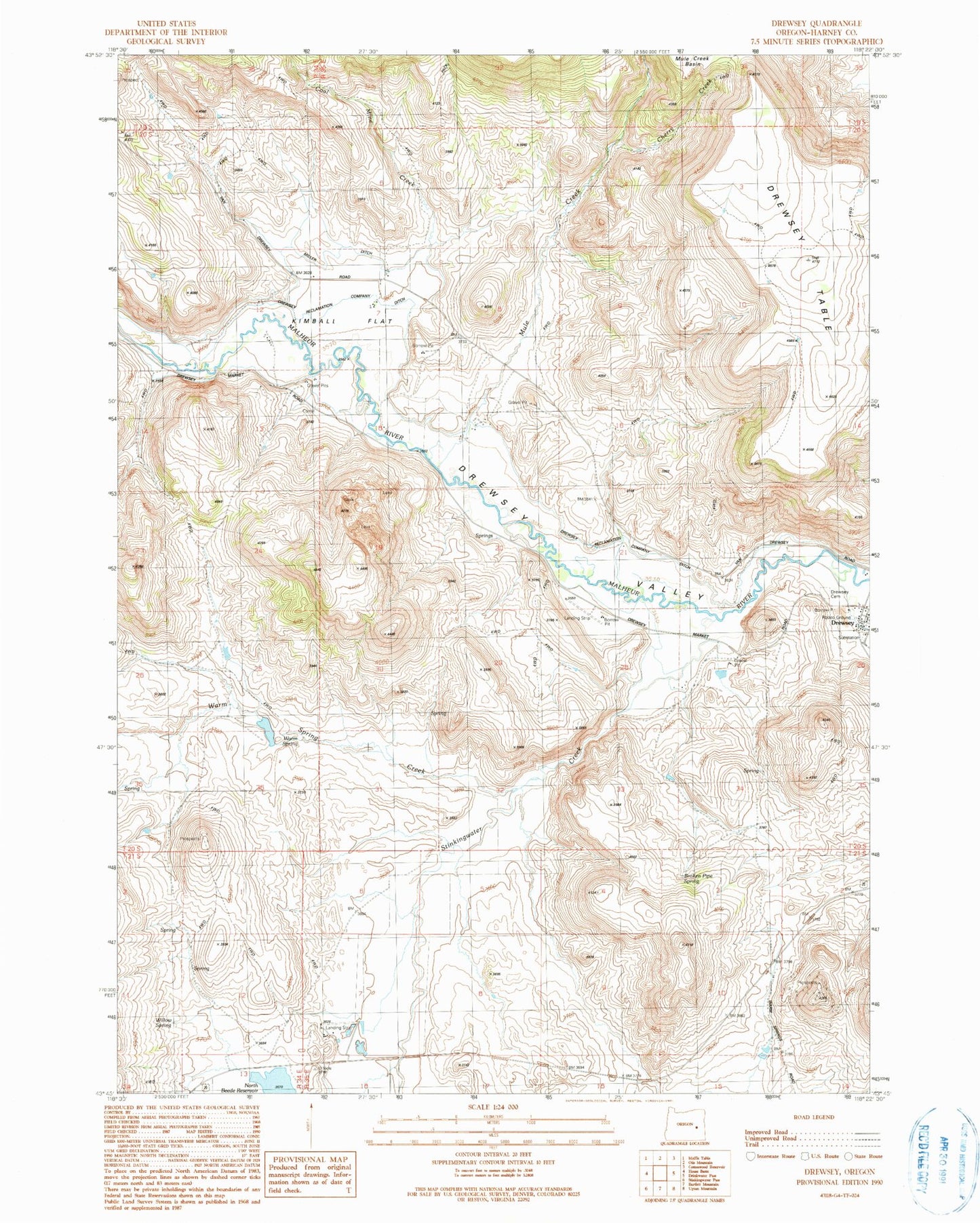 Classic USGS Drewsey Oregon 7.5'x7.5' Topo Map Image