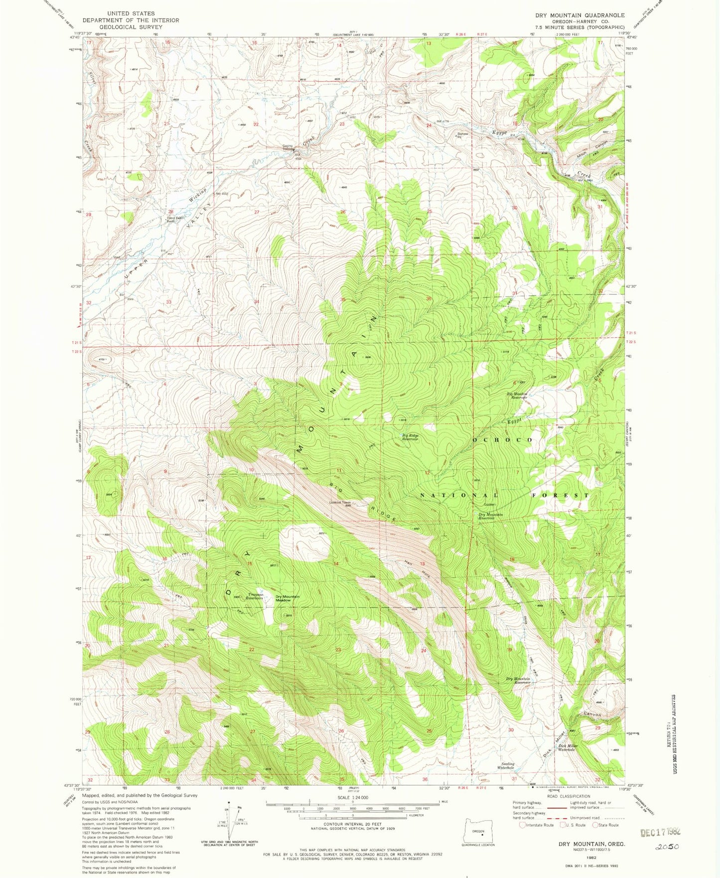 Classic USGS Dry Mountain Oregon 7.5'x7.5' Topo Map Image
