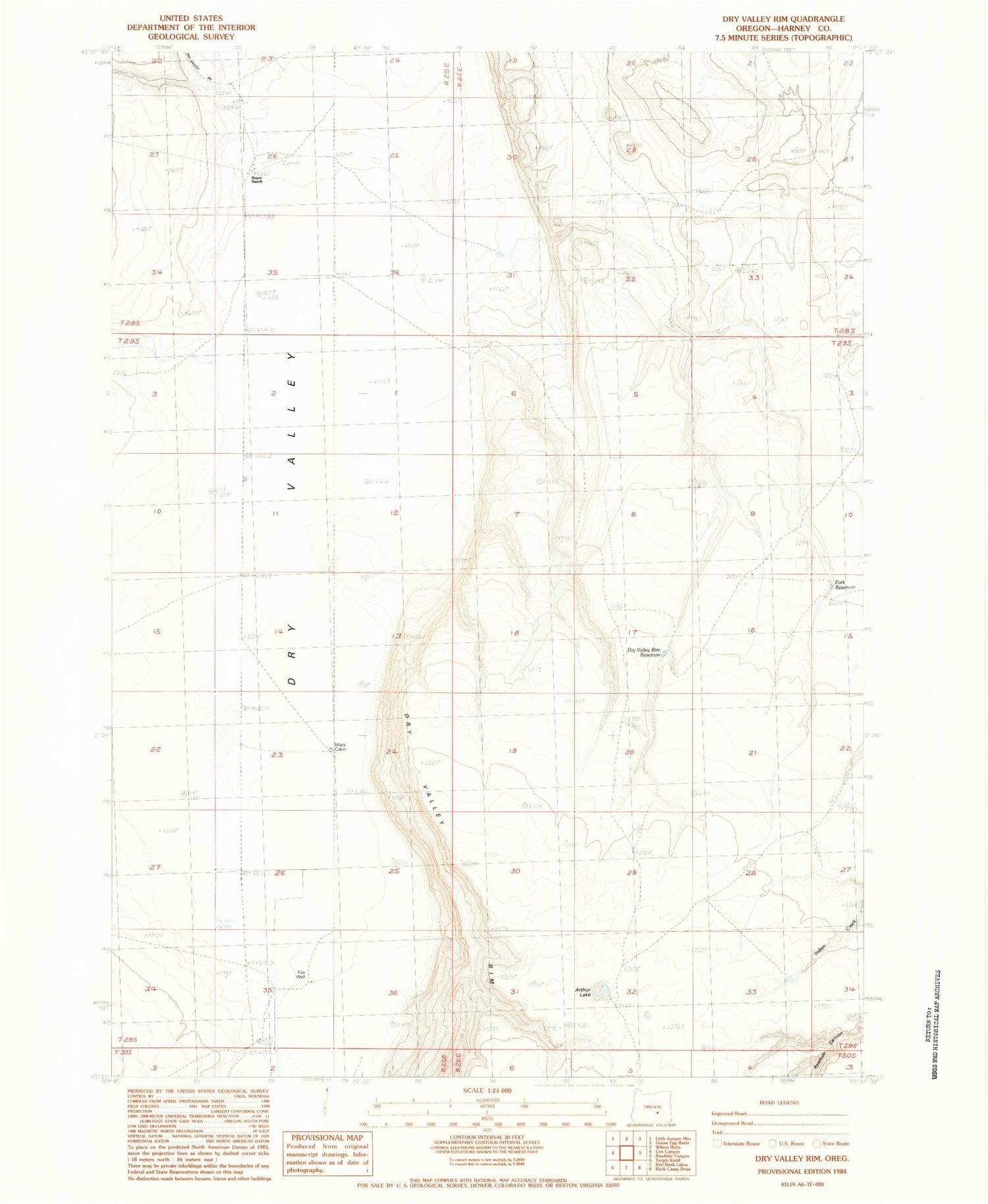 Classic USGS Dry Valley Rim Oregon 7.5'x7.5' Topo Map Image