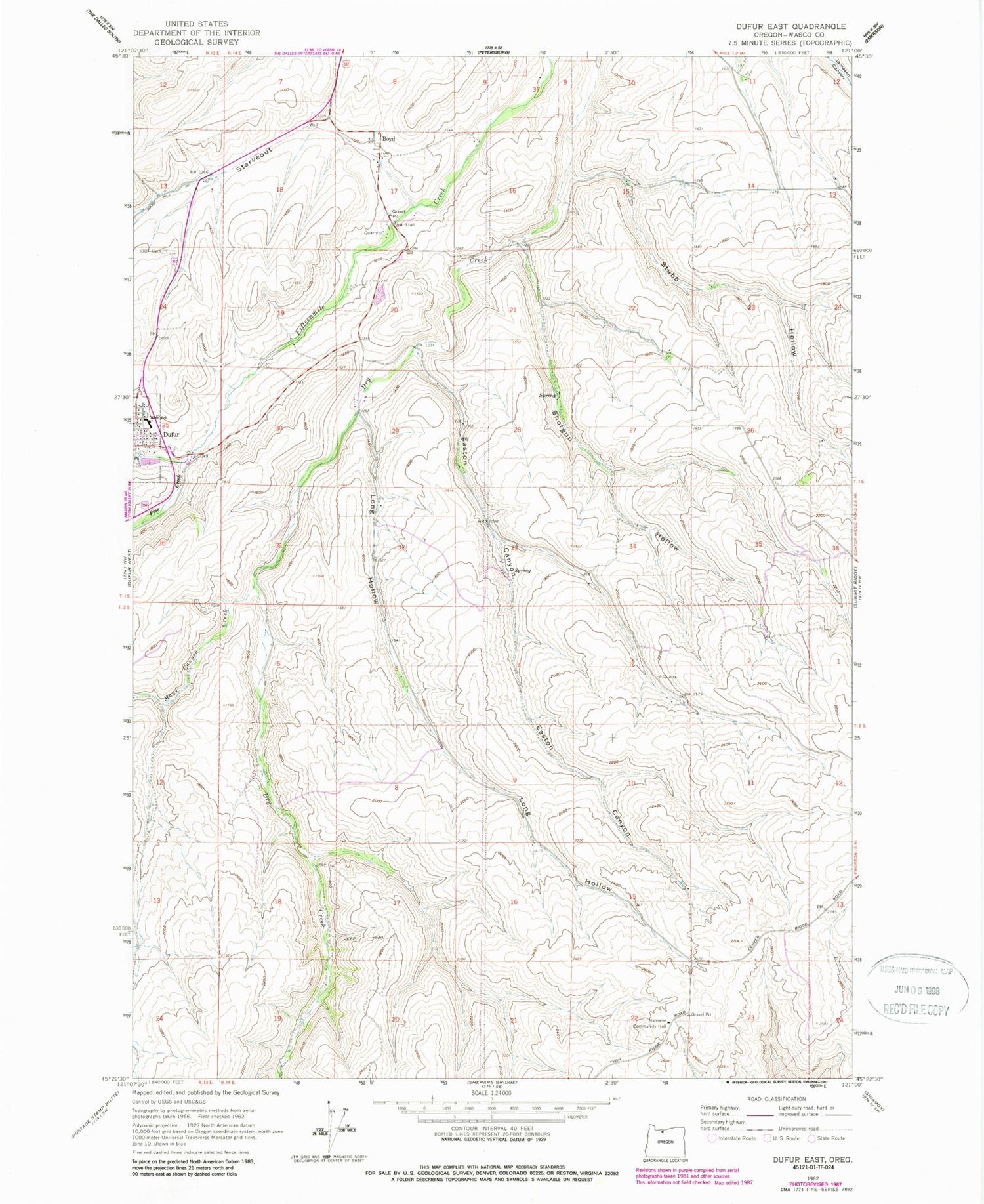 Classic USGS Dufur East Oregon 7.5'x7.5' Topo Map Image