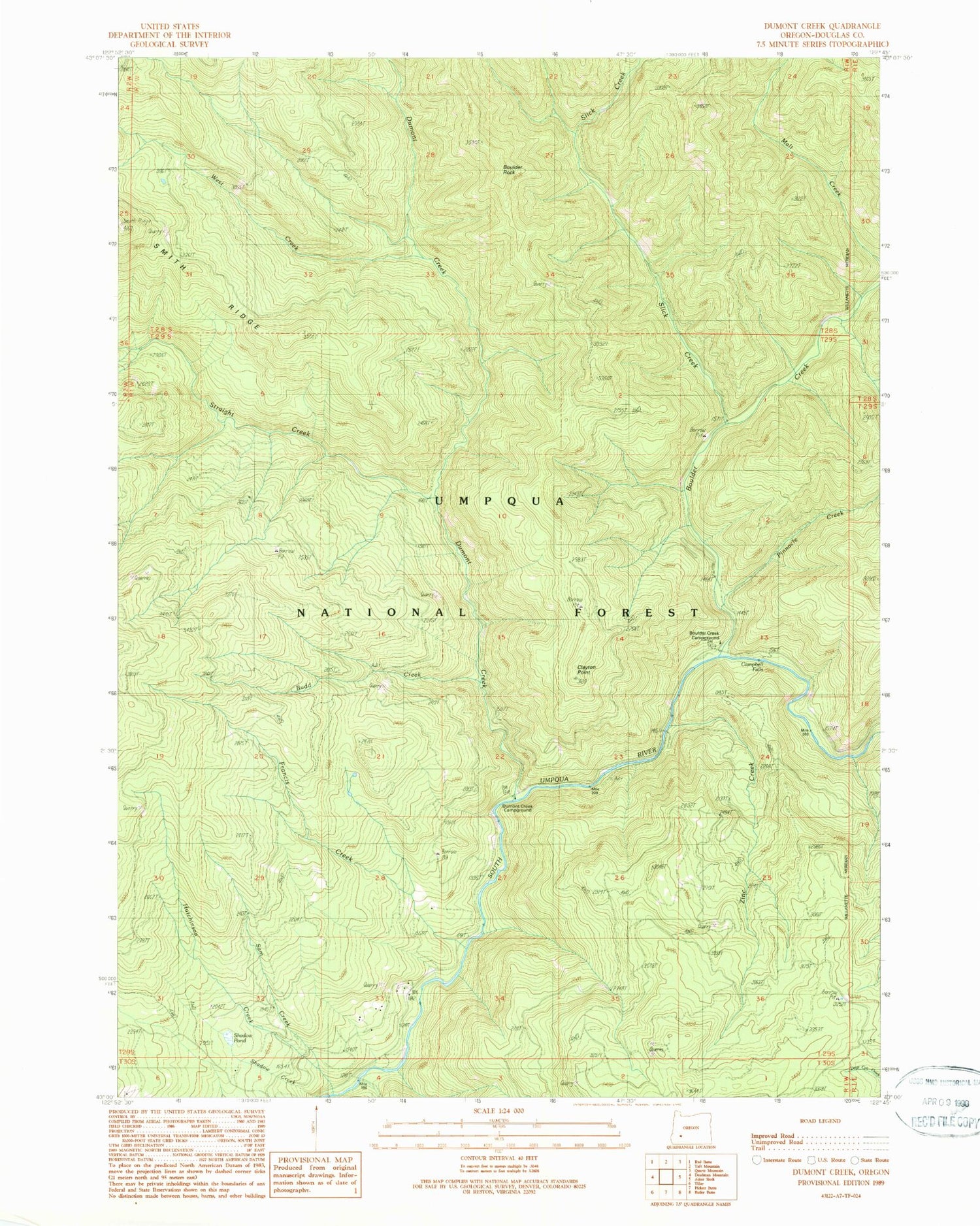 Classic USGS Dumont Creek Oregon 7.5'x7.5' Topo Map Image