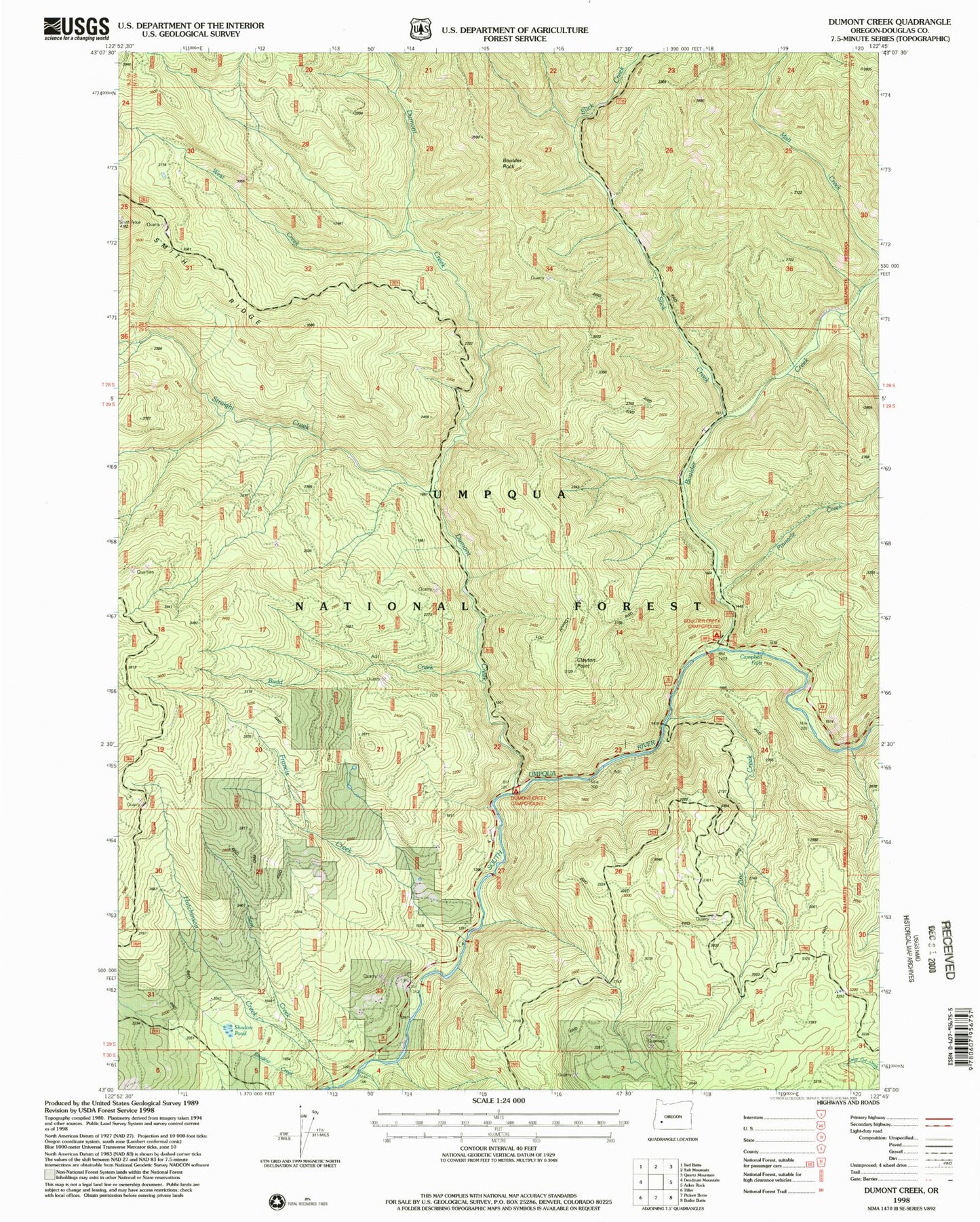 Classic USGS Dumont Creek Oregon 7.5'x7.5' Topo Map Image