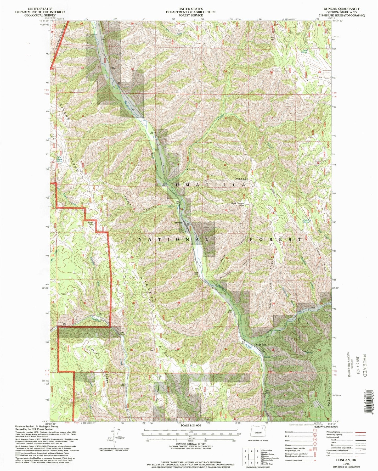 Classic USGS Duncan Oregon 7.5'x7.5' Topo Map Image