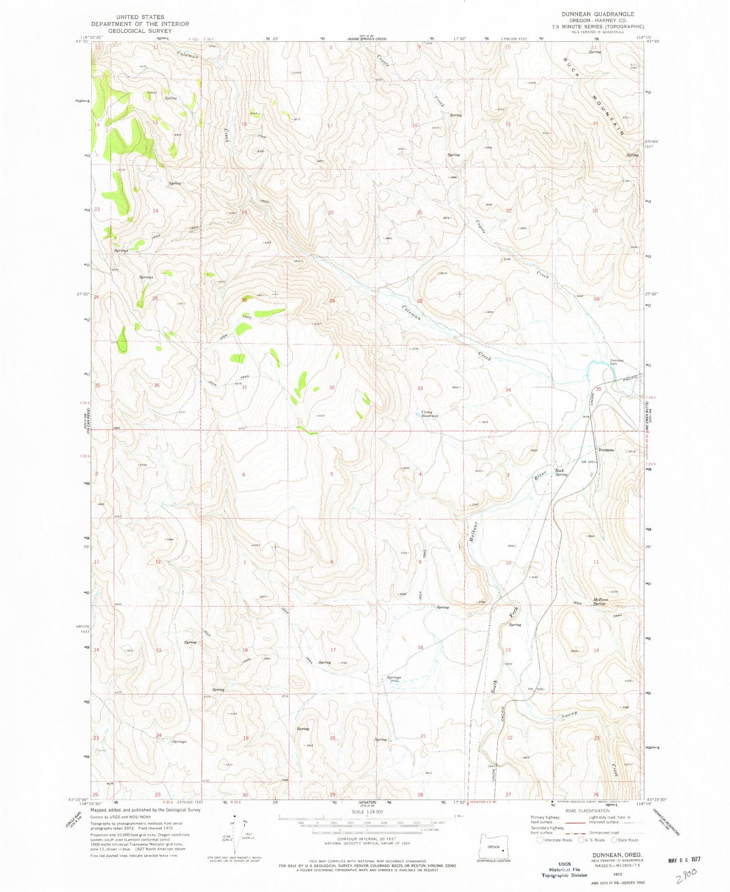 Classic USGS Dunnean Oregon 7.5'x7.5' Topo Map Image