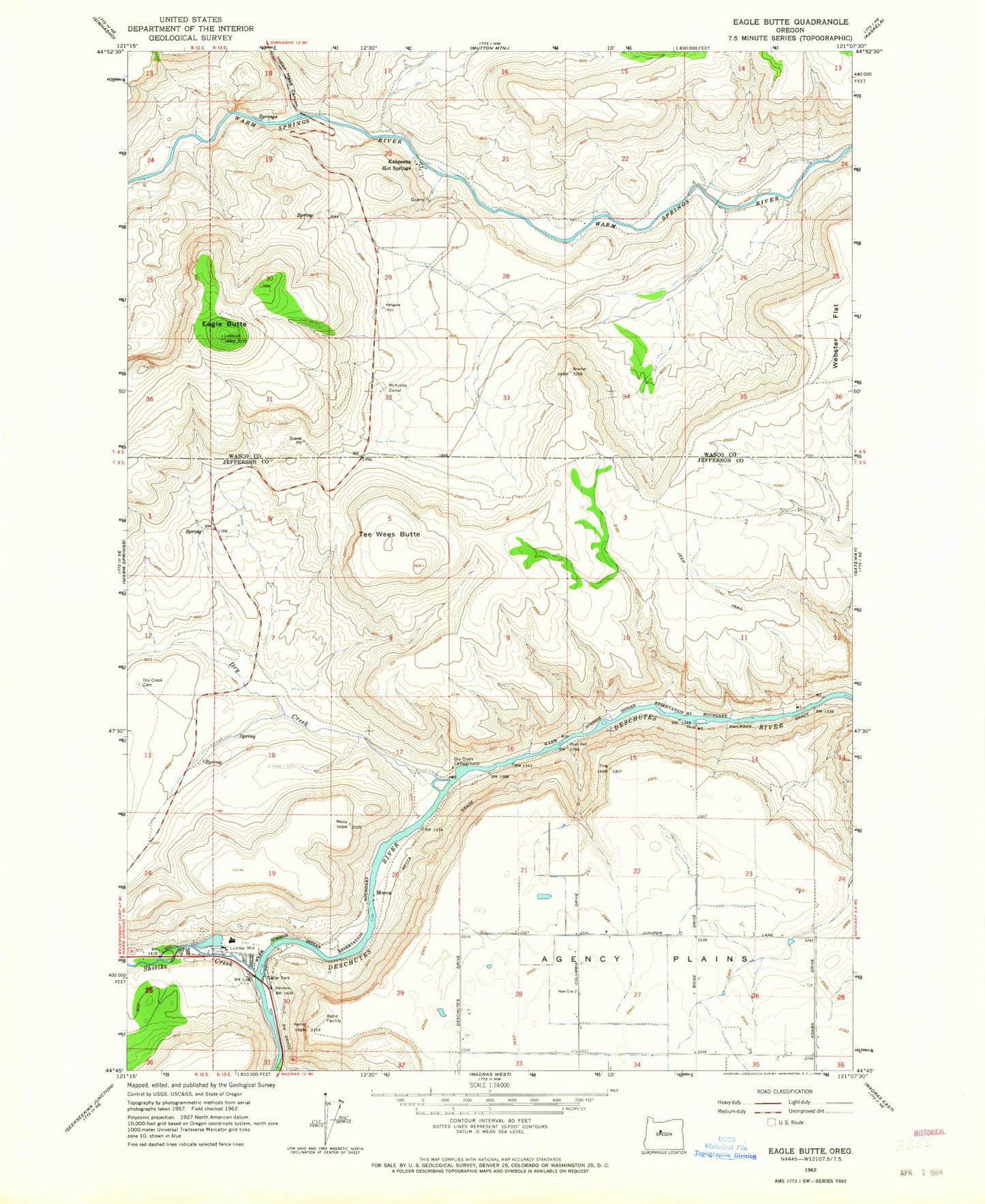 Classic USGS Eagle Butte Oregon 7.5'x7.5' Topo Map Image
