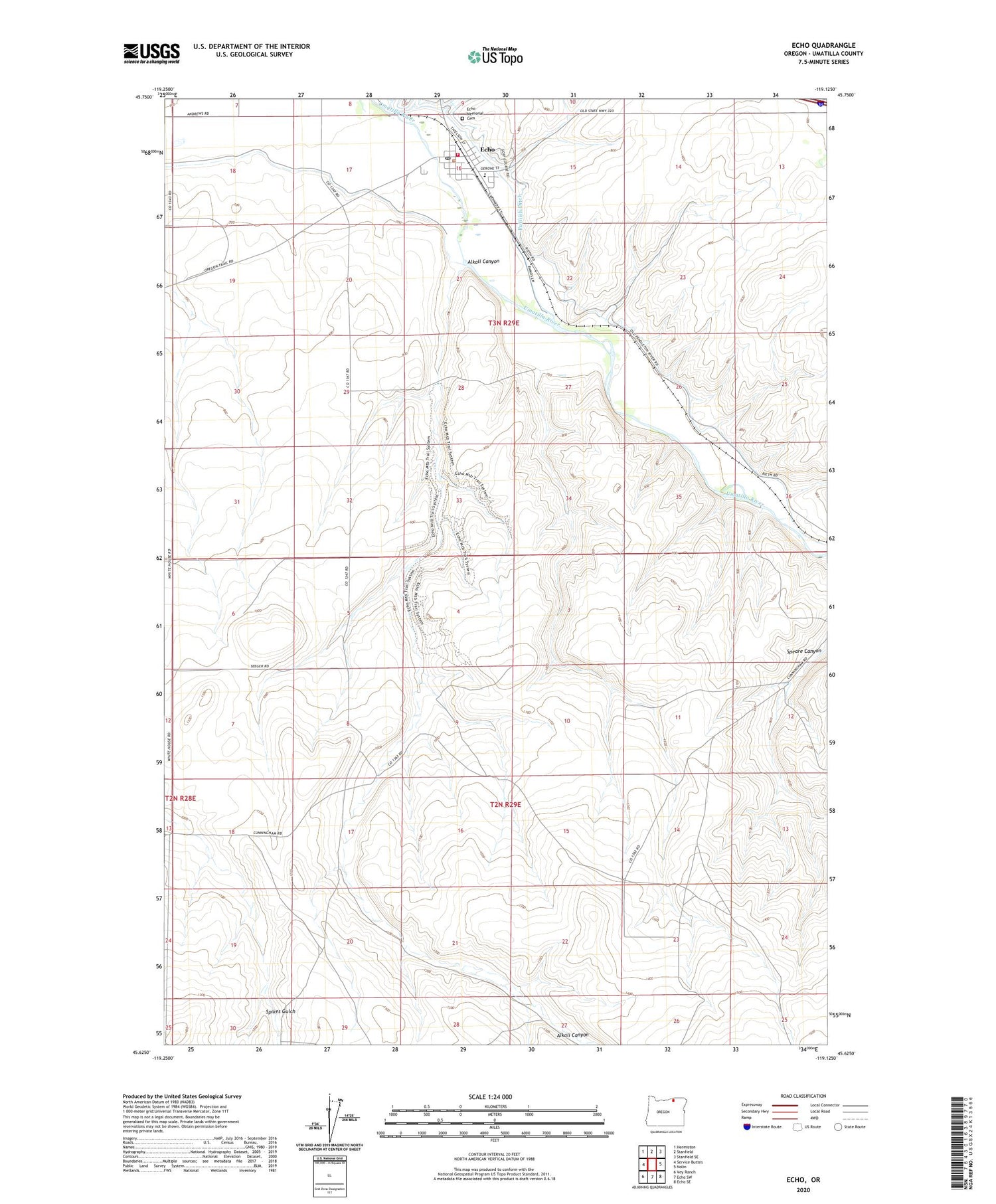 Echo Oregon US Topo Map Image