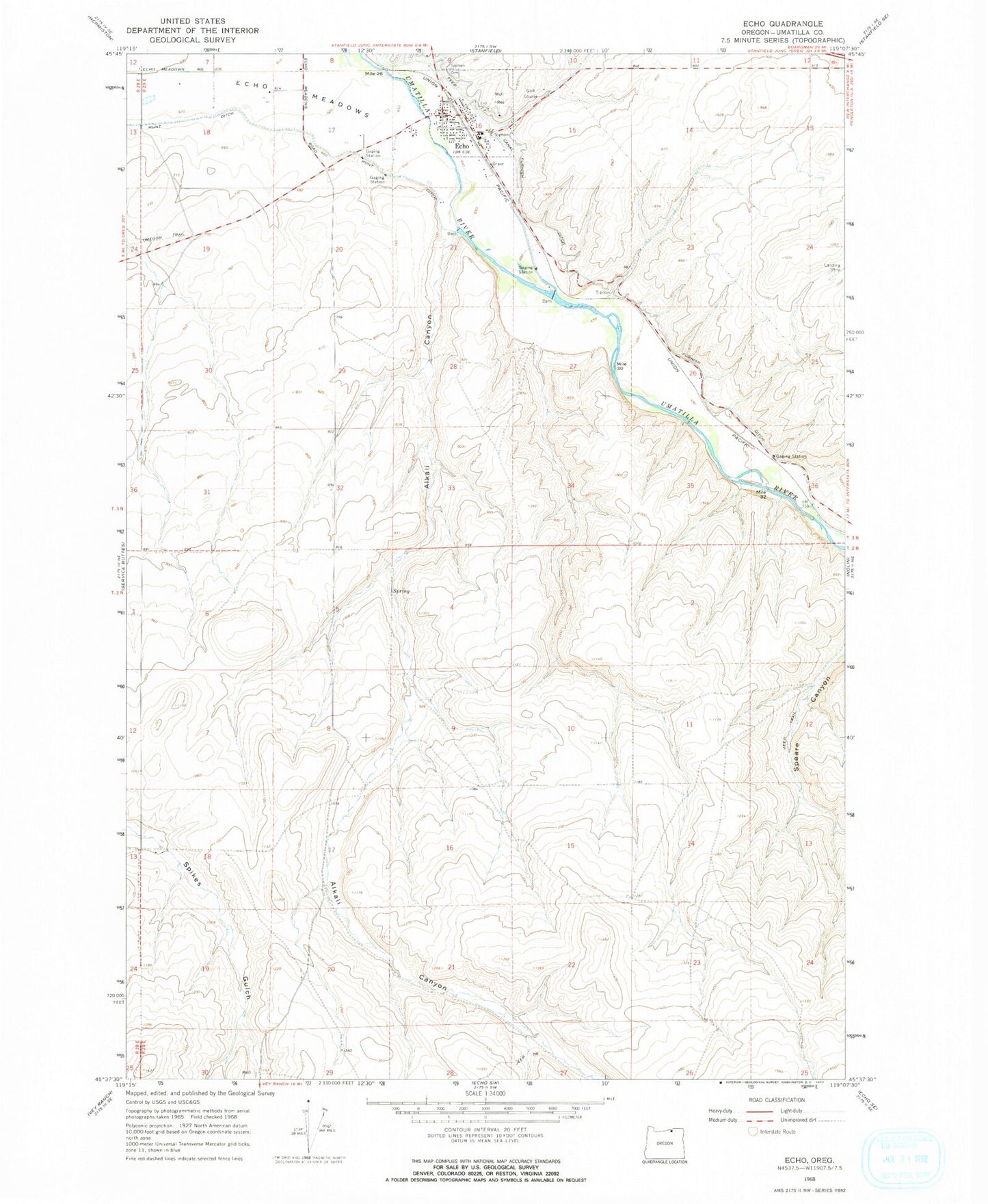 Classic USGS Echo Oregon 7.5'x7.5' Topo Map Image