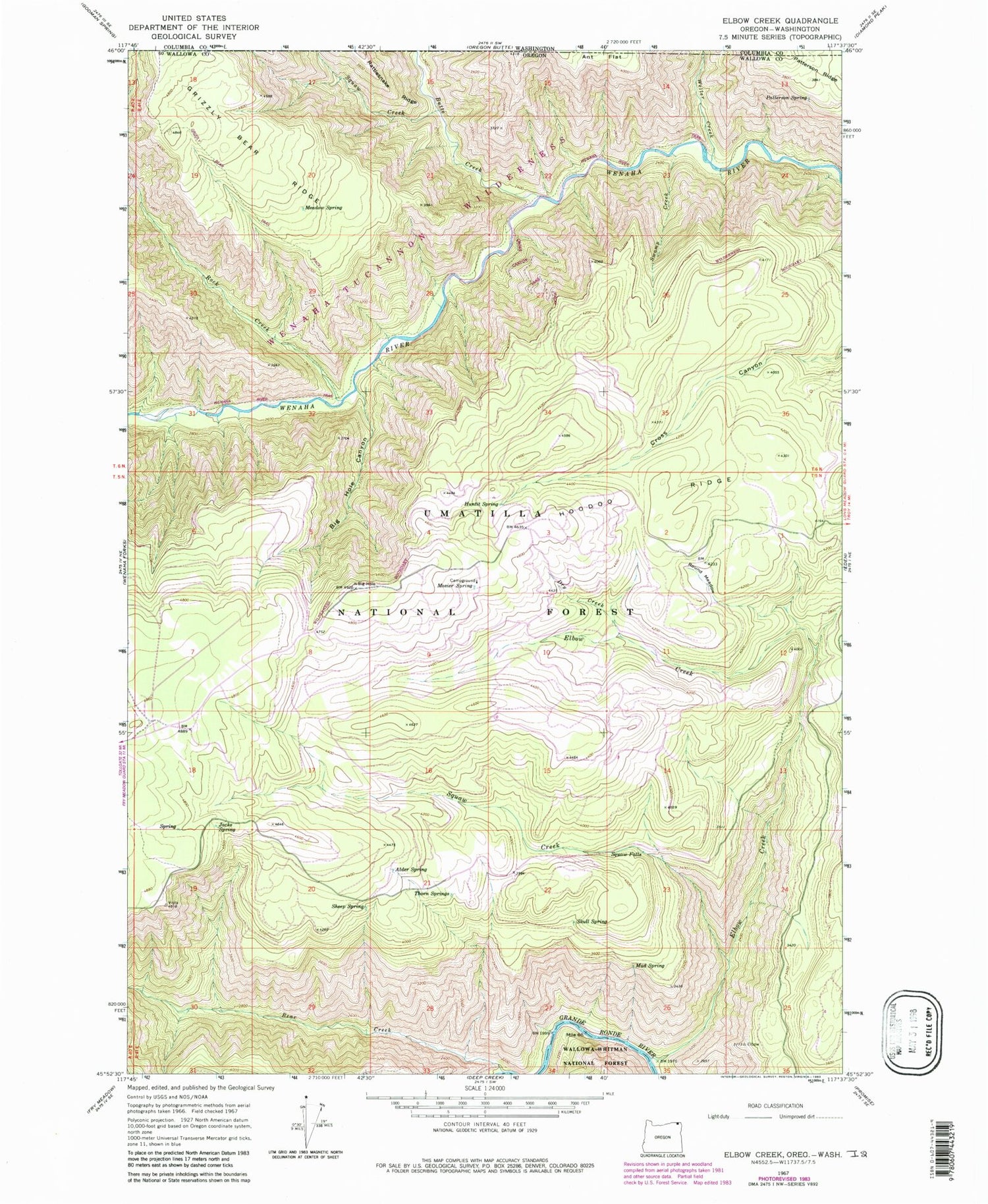 Classic USGS Elbow Creek Oregon 7.5'x7.5' Topo Map Image