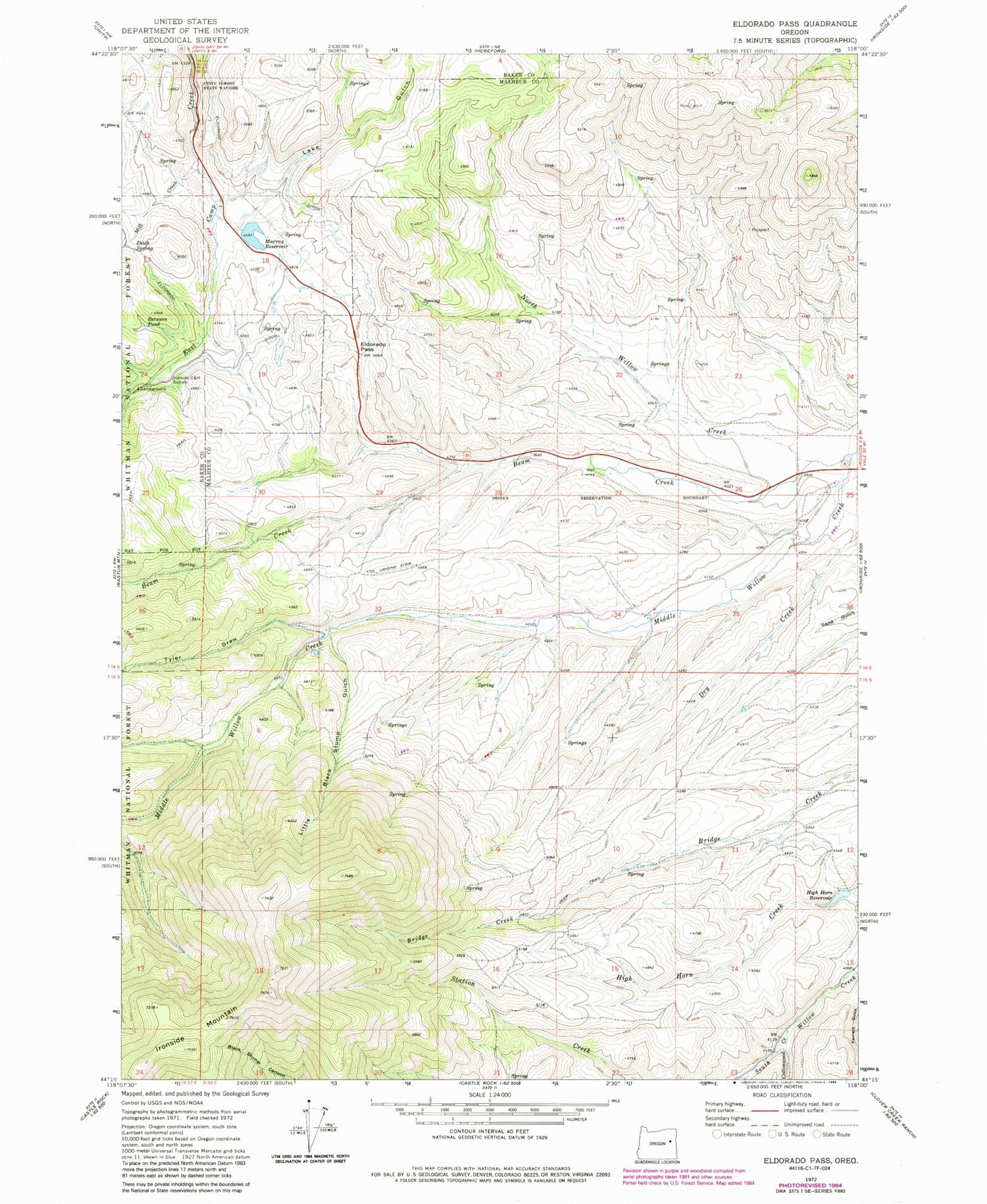 Classic USGS Eldorado Pass Oregon 7.5'x7.5' Topo Map Image