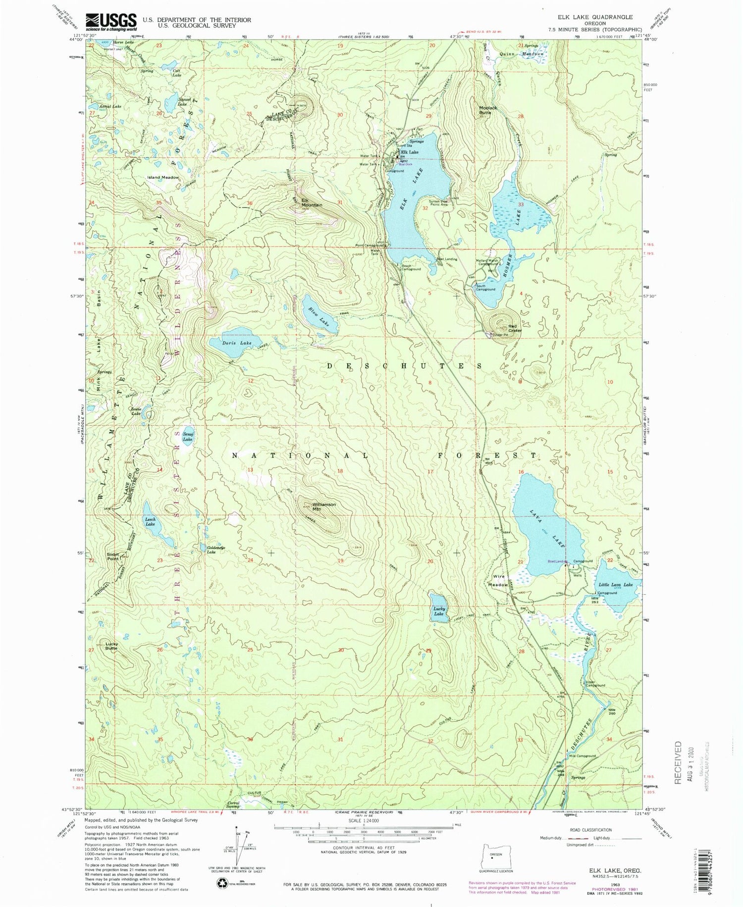 Classic USGS Elk Lake Oregon 7.5'x7.5' Topo Map Image
