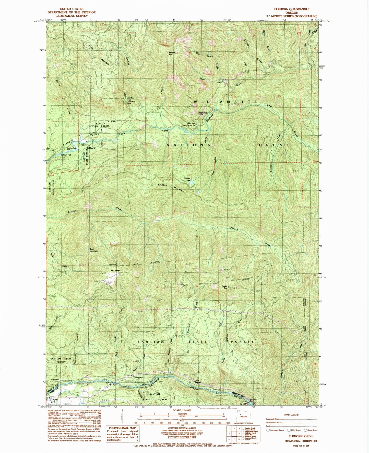 Classic USGS Elkhorn Oregon 7.5'x7.5' Topo Map Image