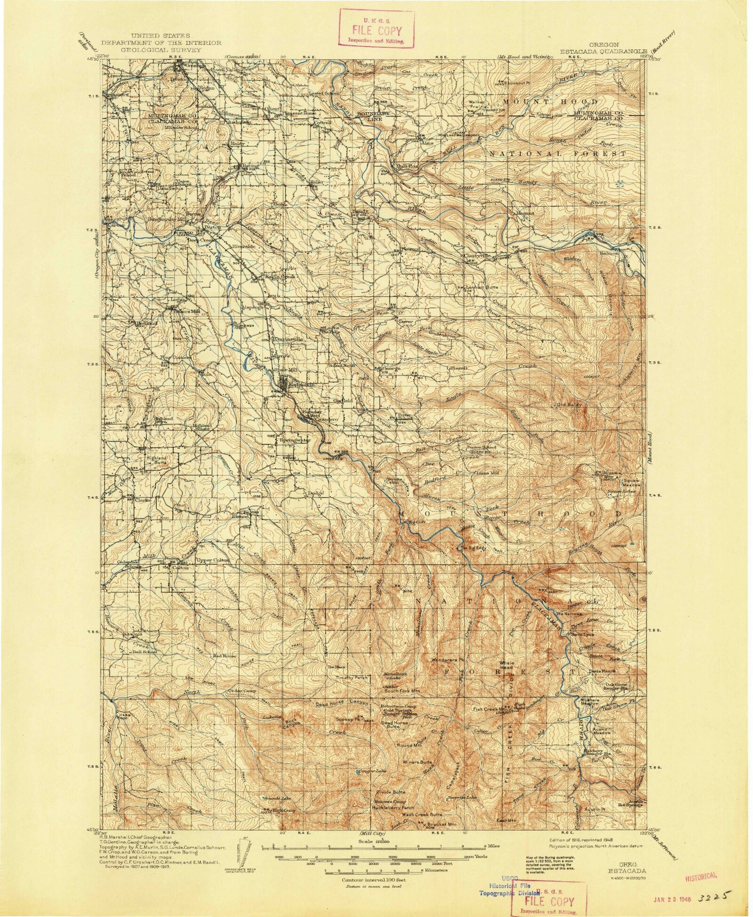 Historic 1916 Estacada Oregon 30'x30' Topo Map Image