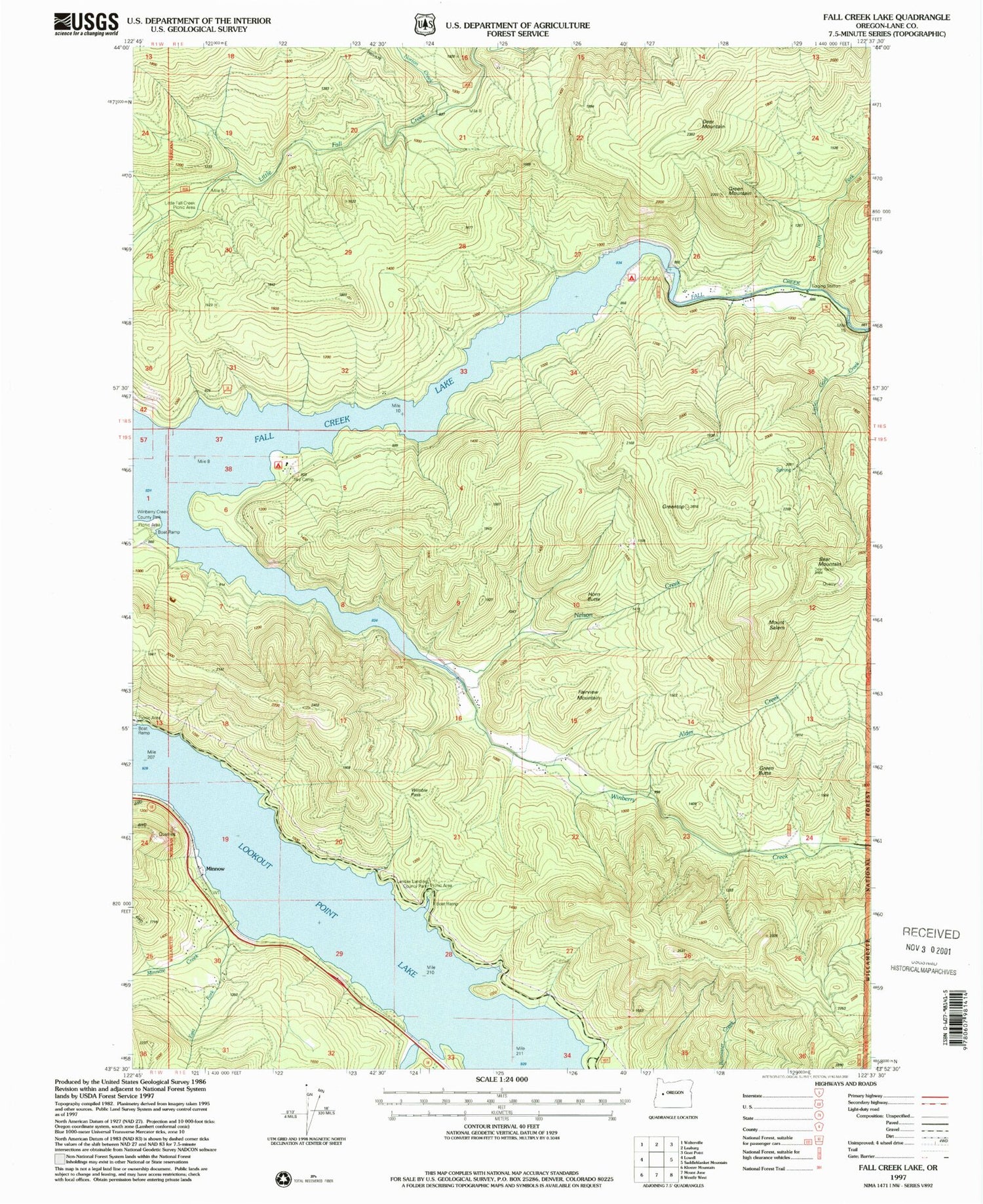 Classic USGS Fall Creek Lake Oregon 7.5'x7.5' Topo Map Image