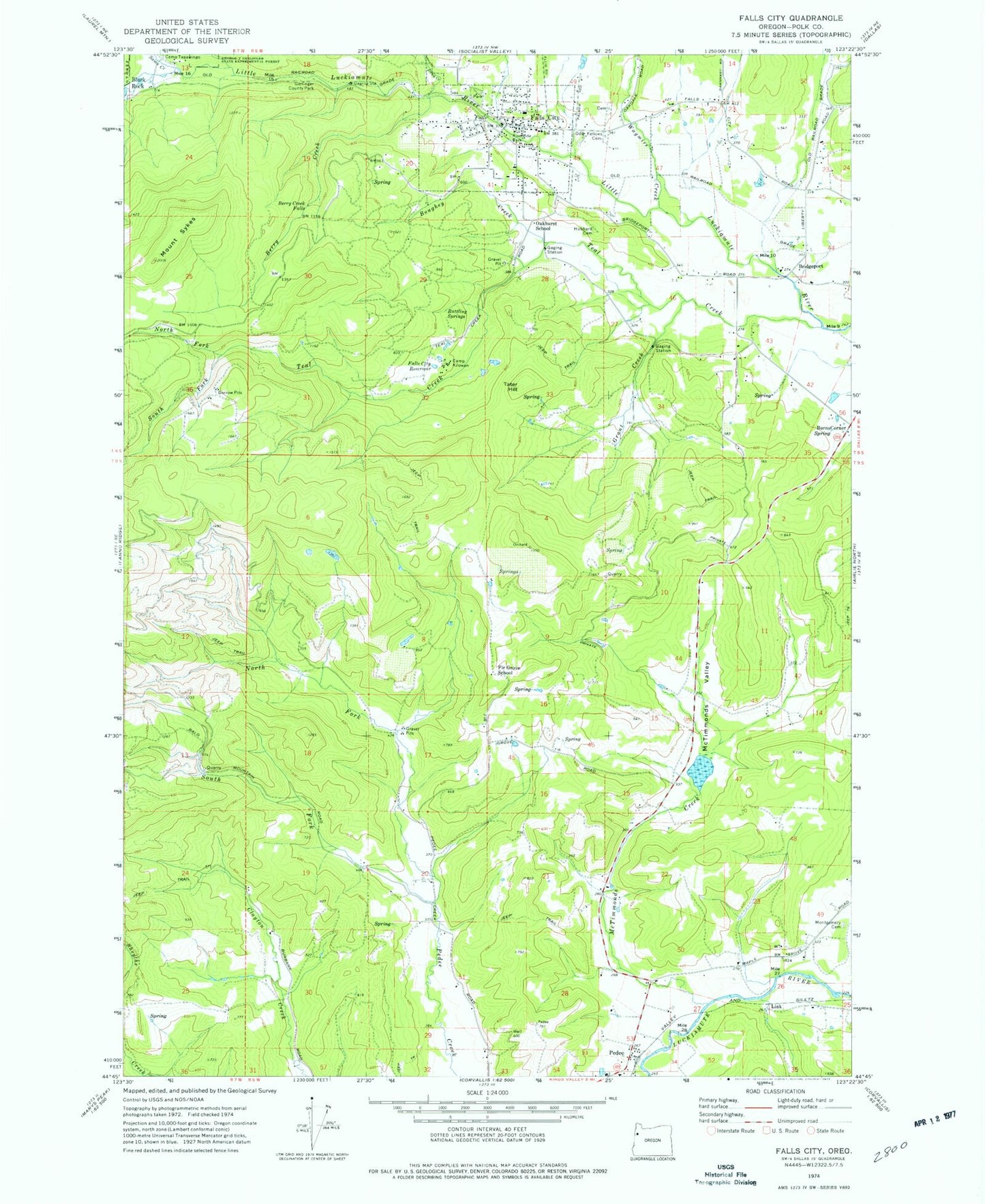 Classic USGS Falls City Oregon 7.5'x7.5' Topo Map Image