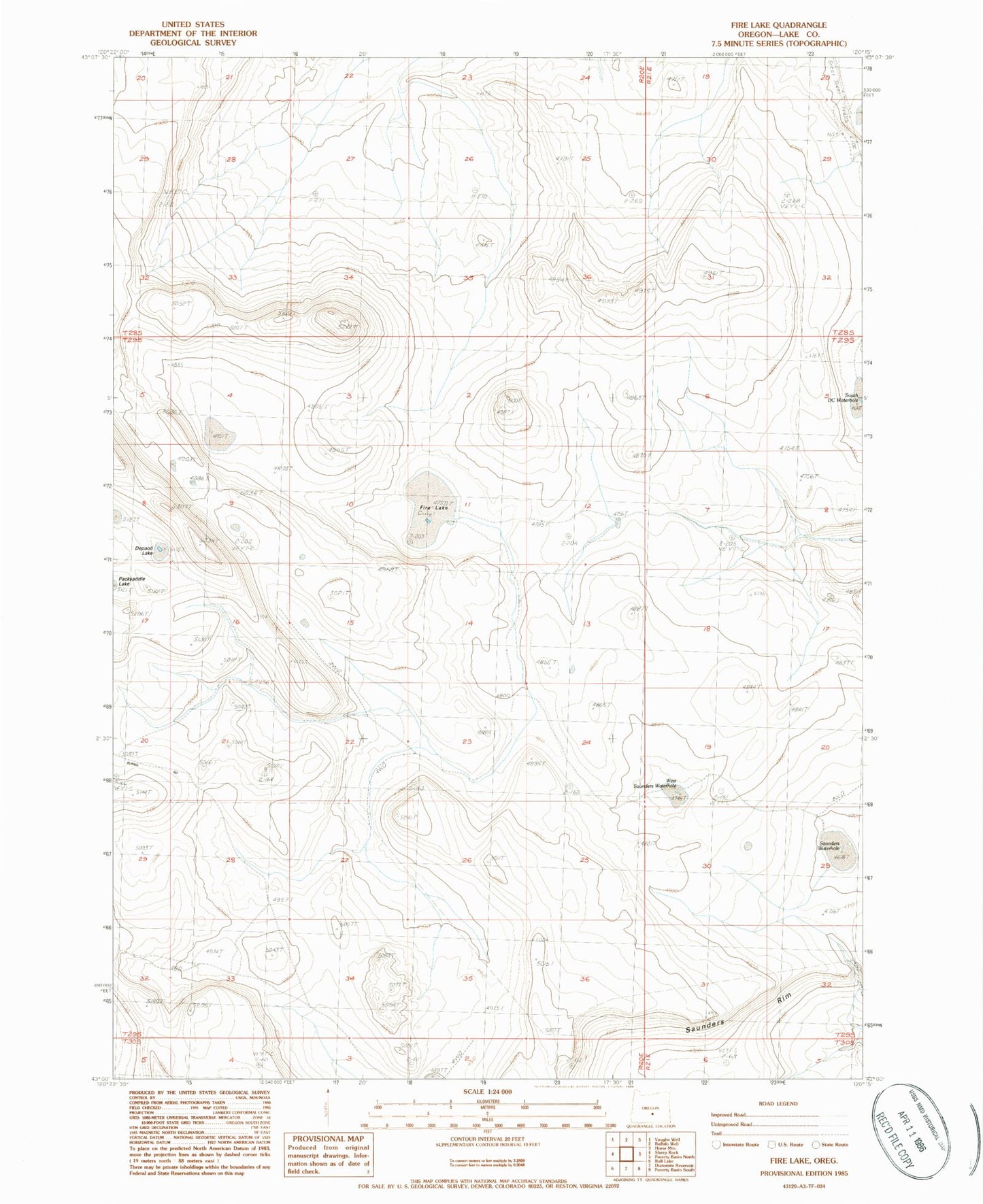 Classic USGS Fire Lake Oregon 7.5'x7.5' Topo Map Image