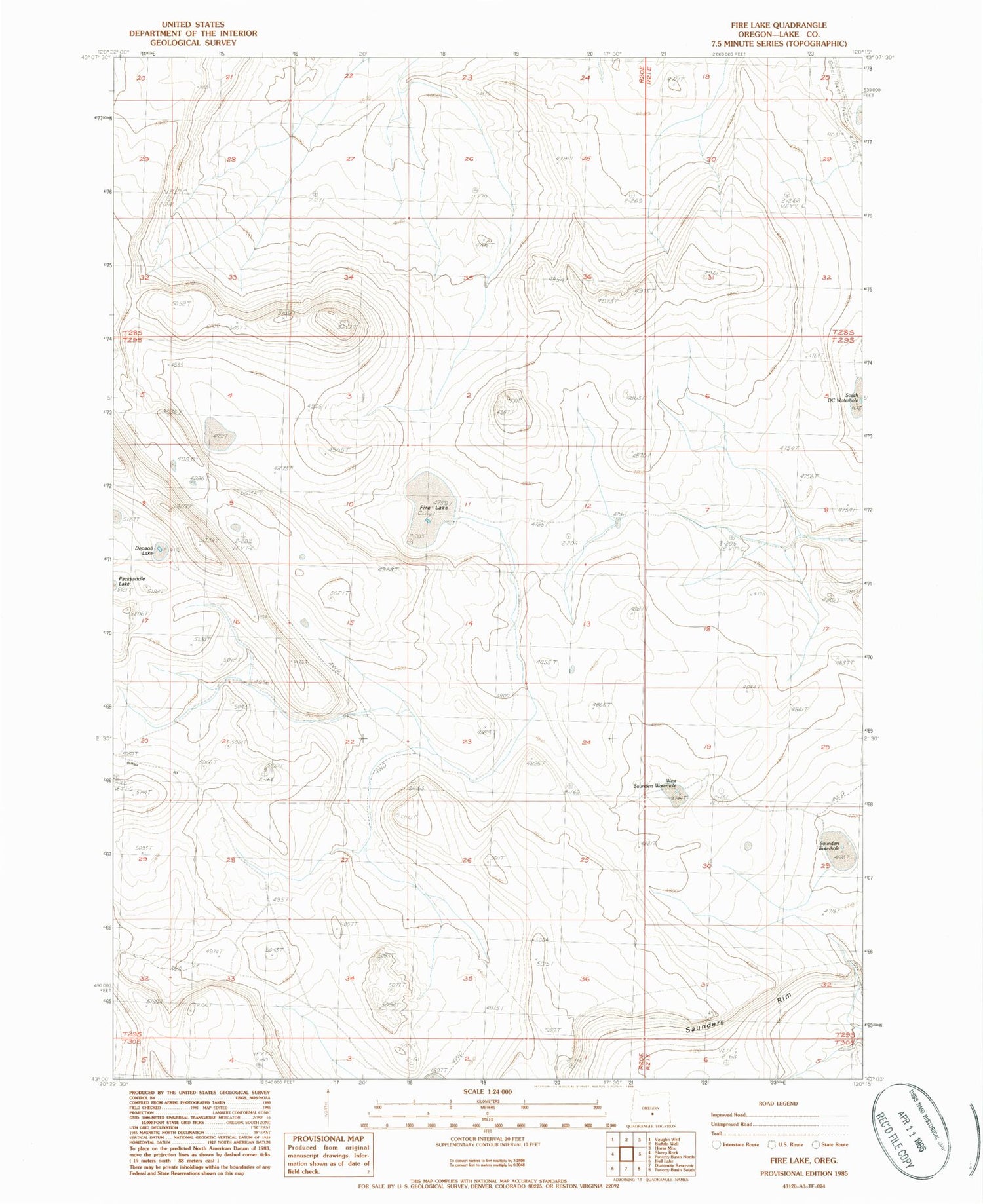 Classic USGS Fire Lake Oregon 7.5'x7.5' Topo Map Image