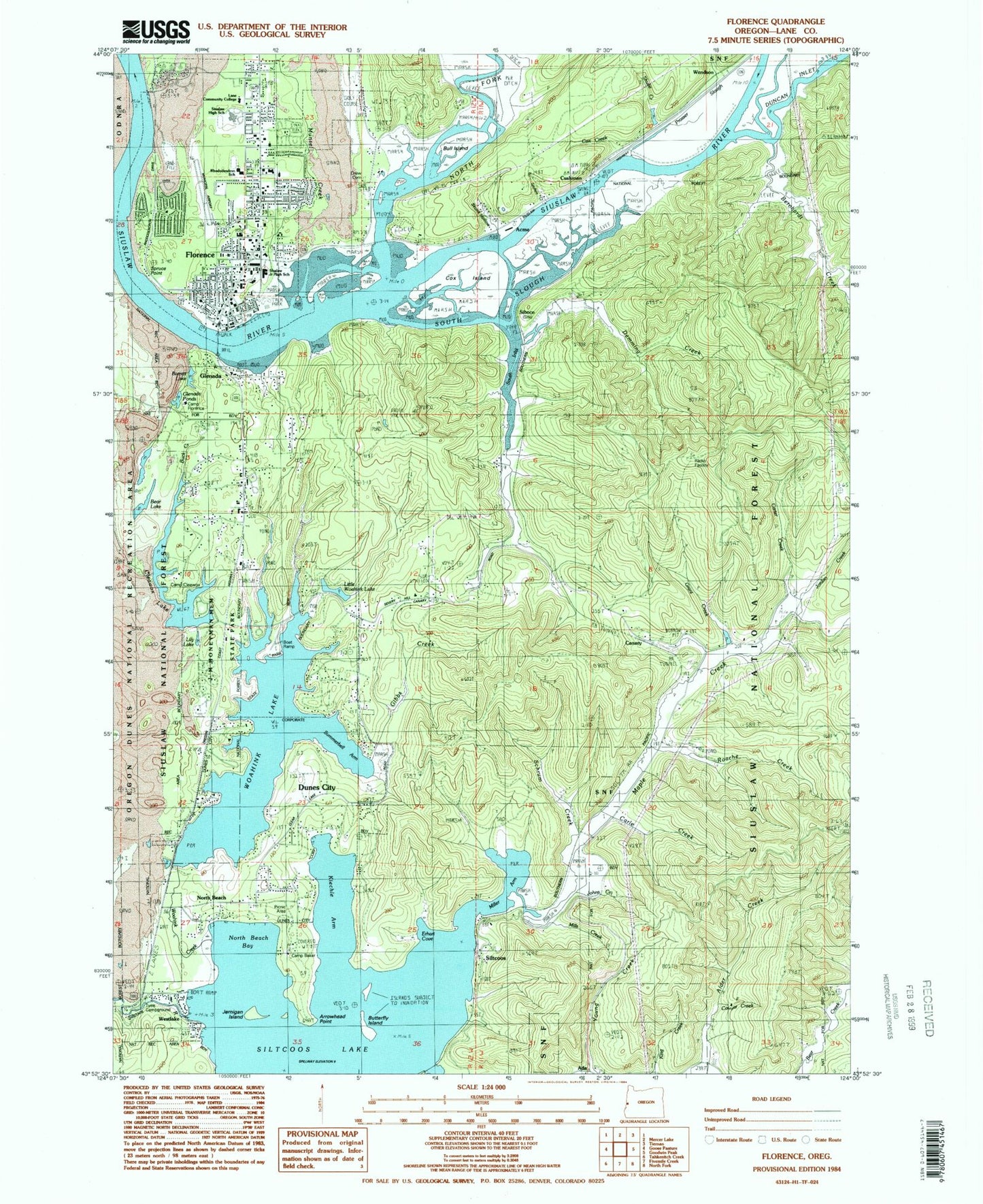Classic USGS Florence Oregon 7.5'x7.5' Topo Map Image