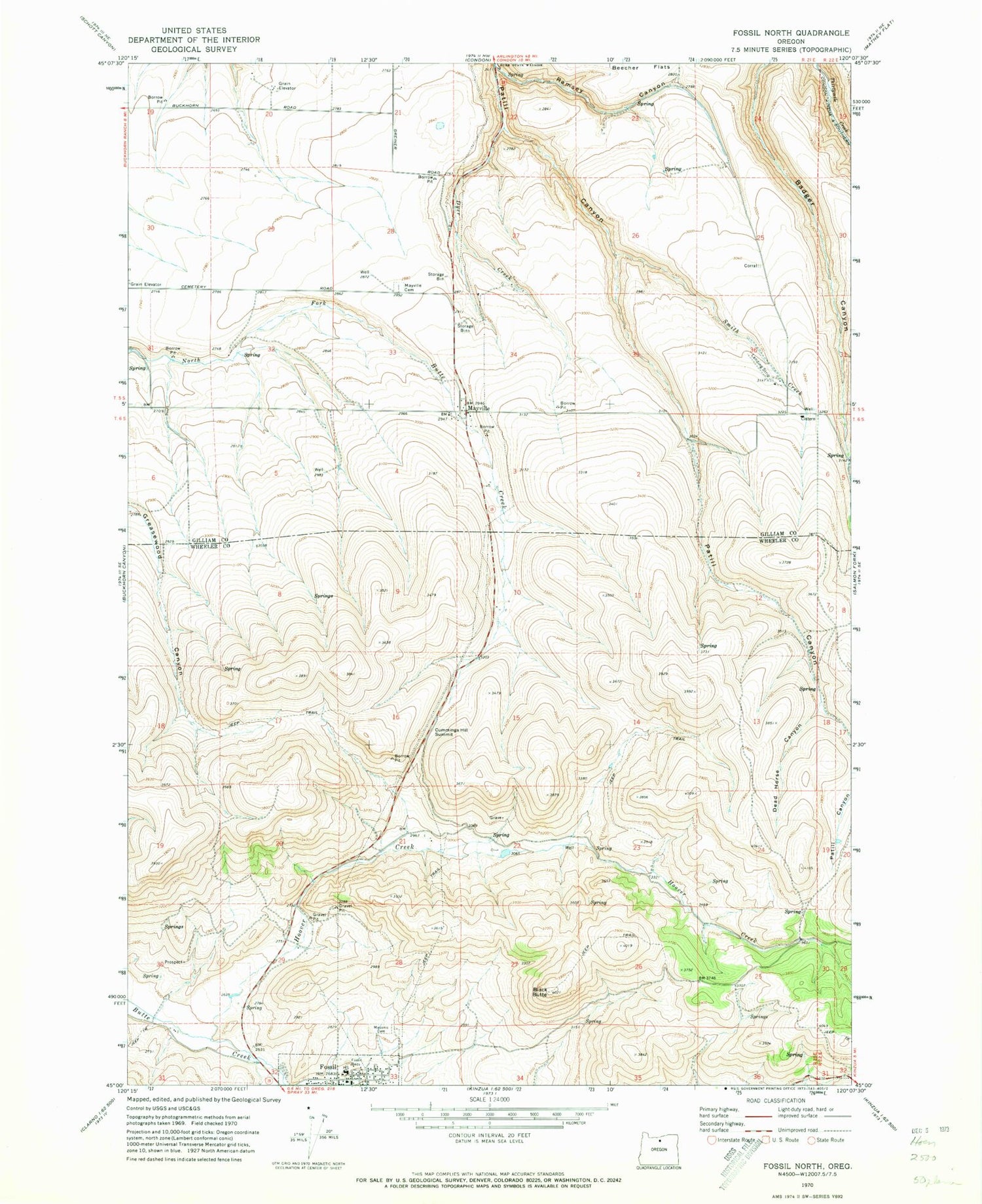 Classic USGS Fossil North Oregon 7.5'x7.5' Topo Map Image