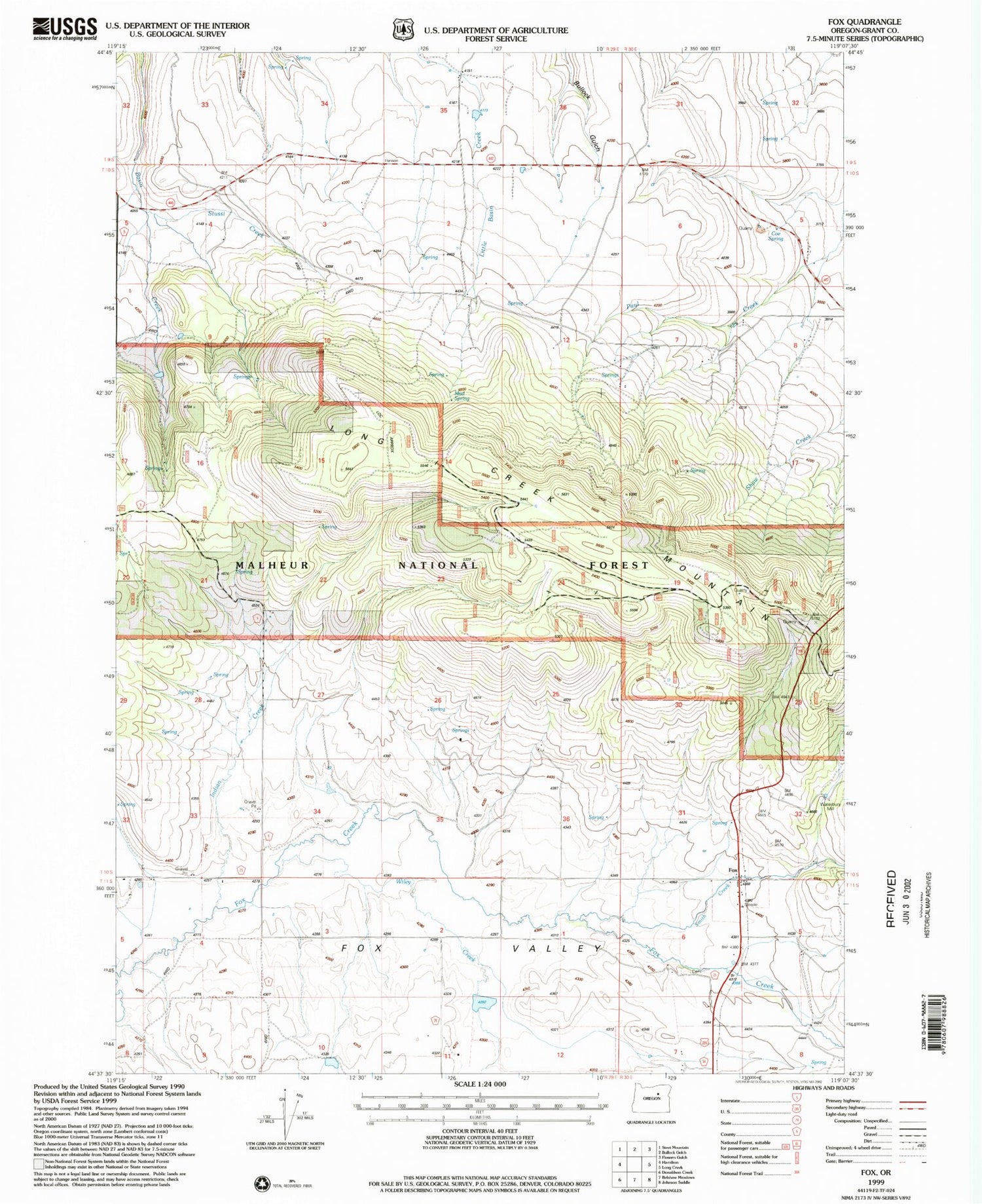 Classic USGS Fox Oregon 7.5'x7.5' Topo Map Image