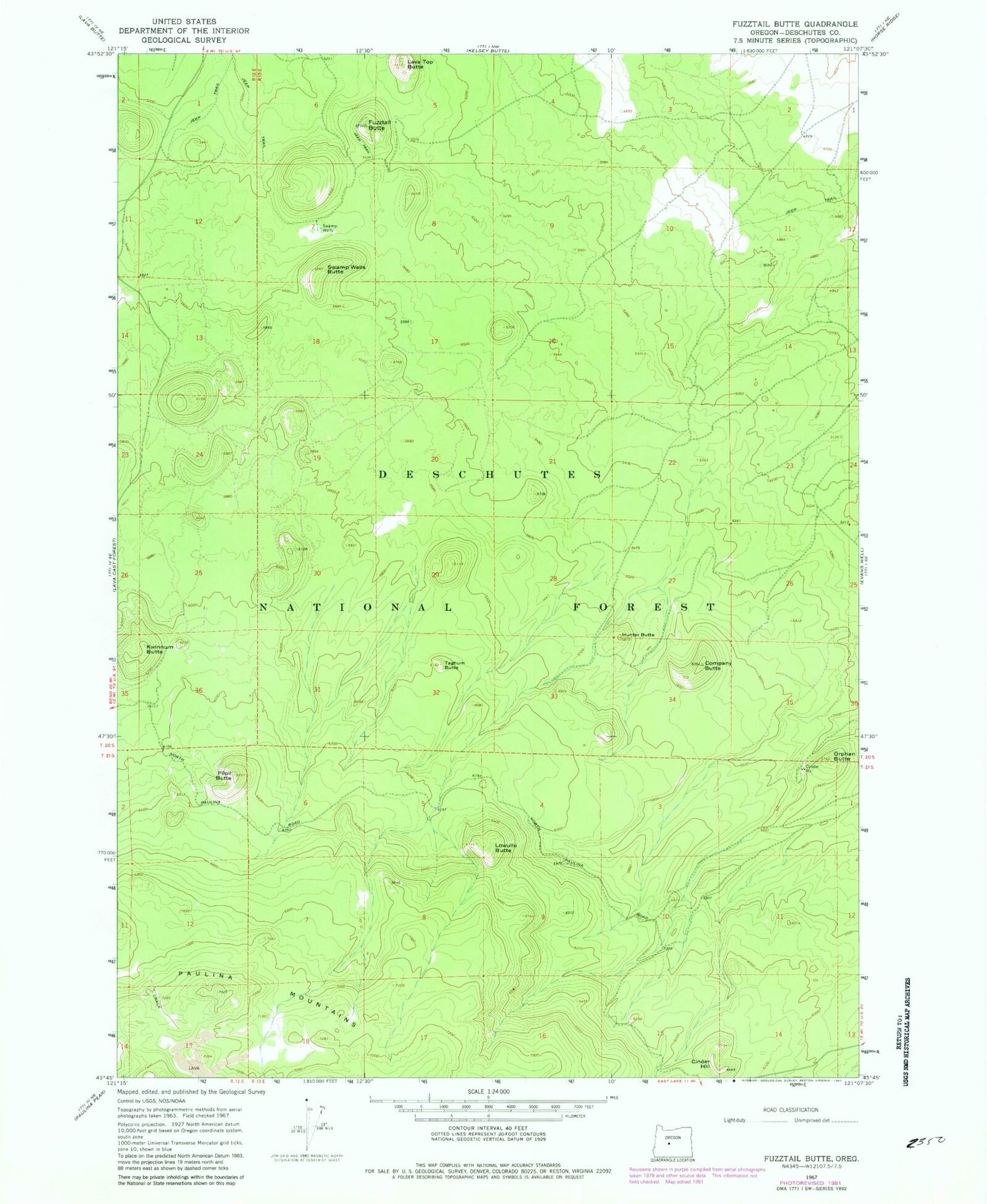 Classic USGS Fuzztail Butte Oregon 7.5'x7.5' Topo Map Image
