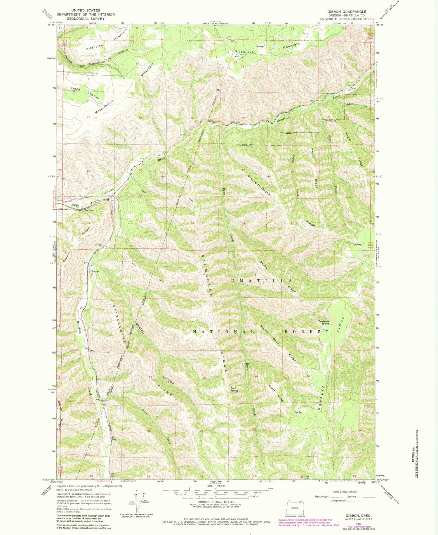 Classic USGS Gibbon Oregon 7.5'x7.5' Topo Map Image