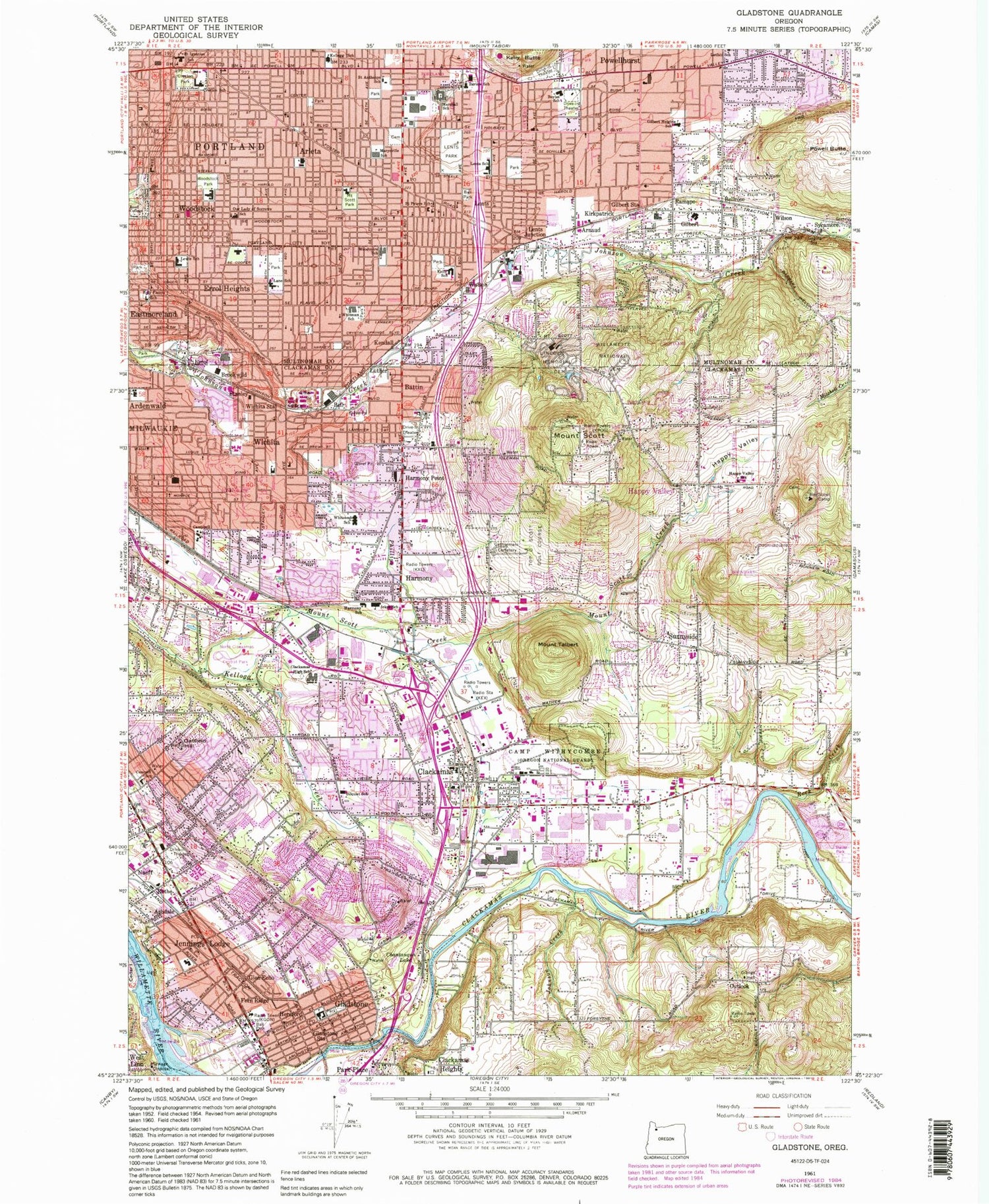 Classic USGS Gladstone Oregon 7.5'x7.5' Topo Map Image