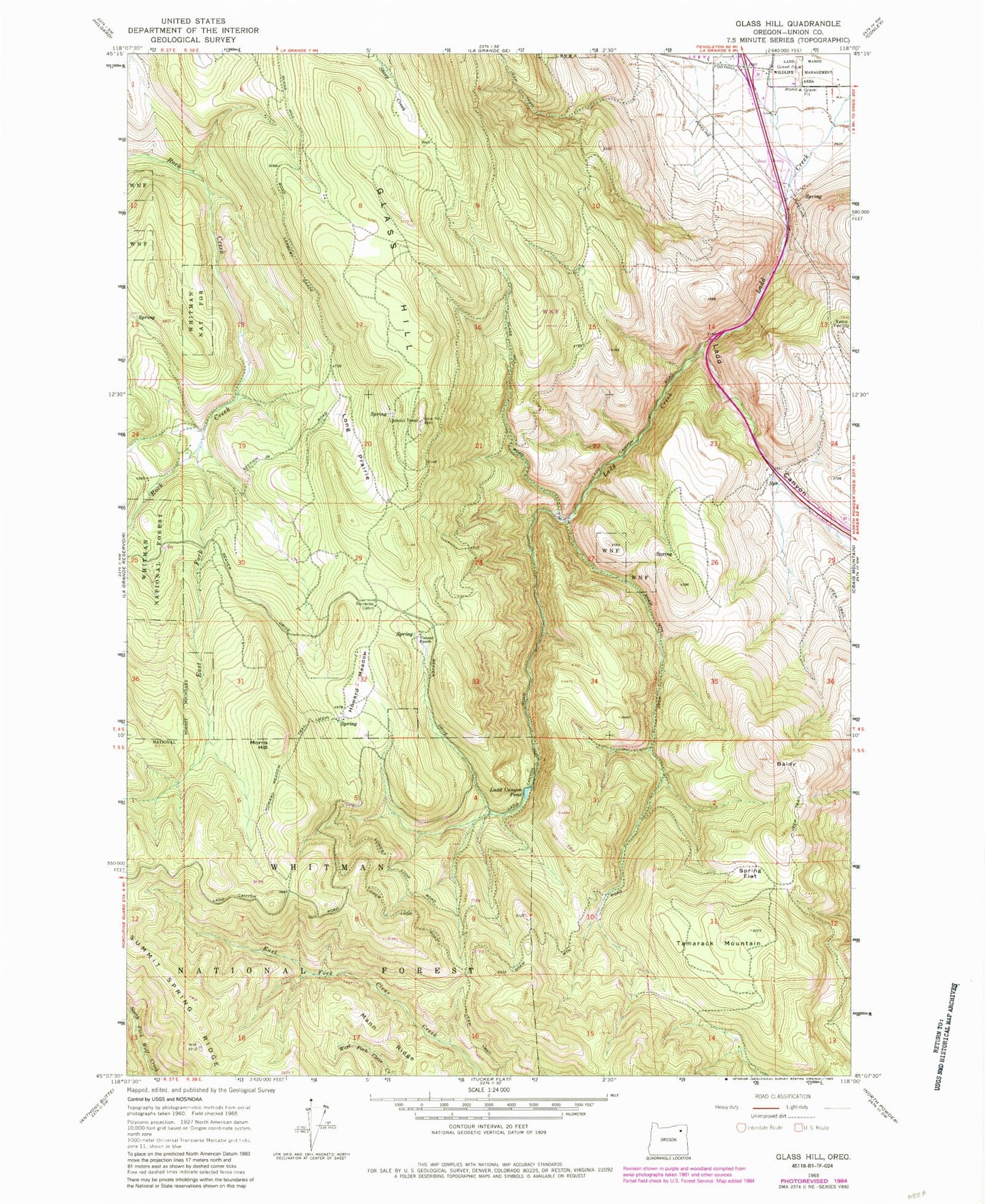 Classic USGS Glass Hill Oregon 7.5'x7.5' Topo Map Image