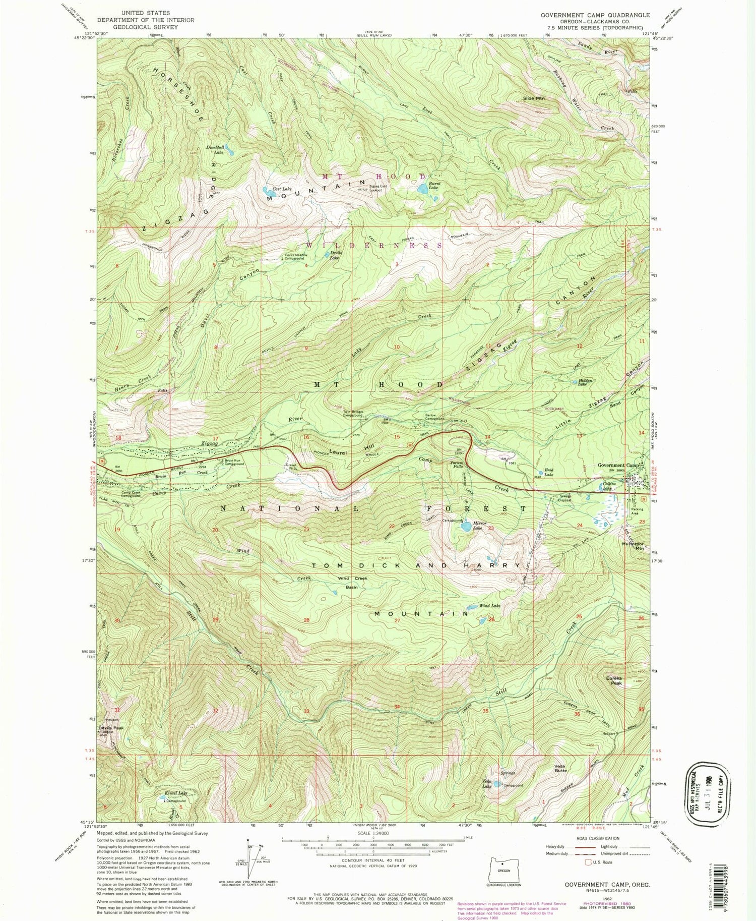 Classic USGS Government Camp Oregon 7.5'x7.5' Topo Map Image